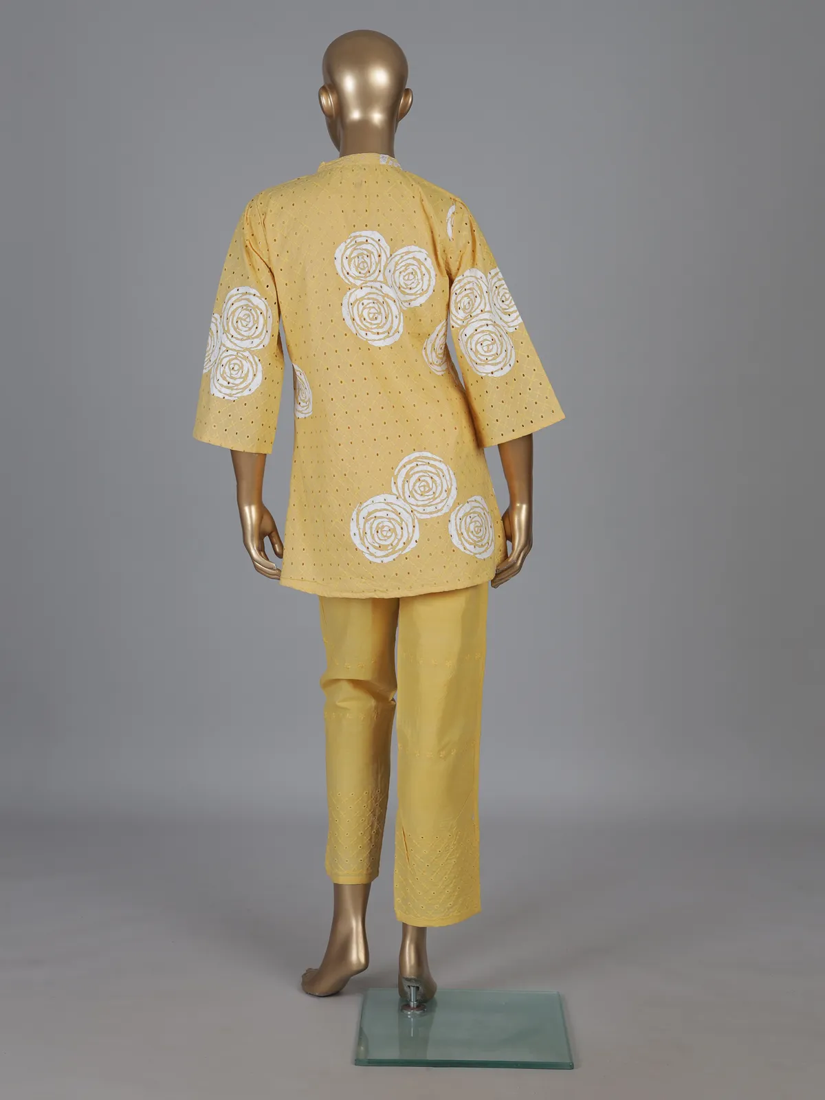 Yellow cotton co ord set with delicate cut work