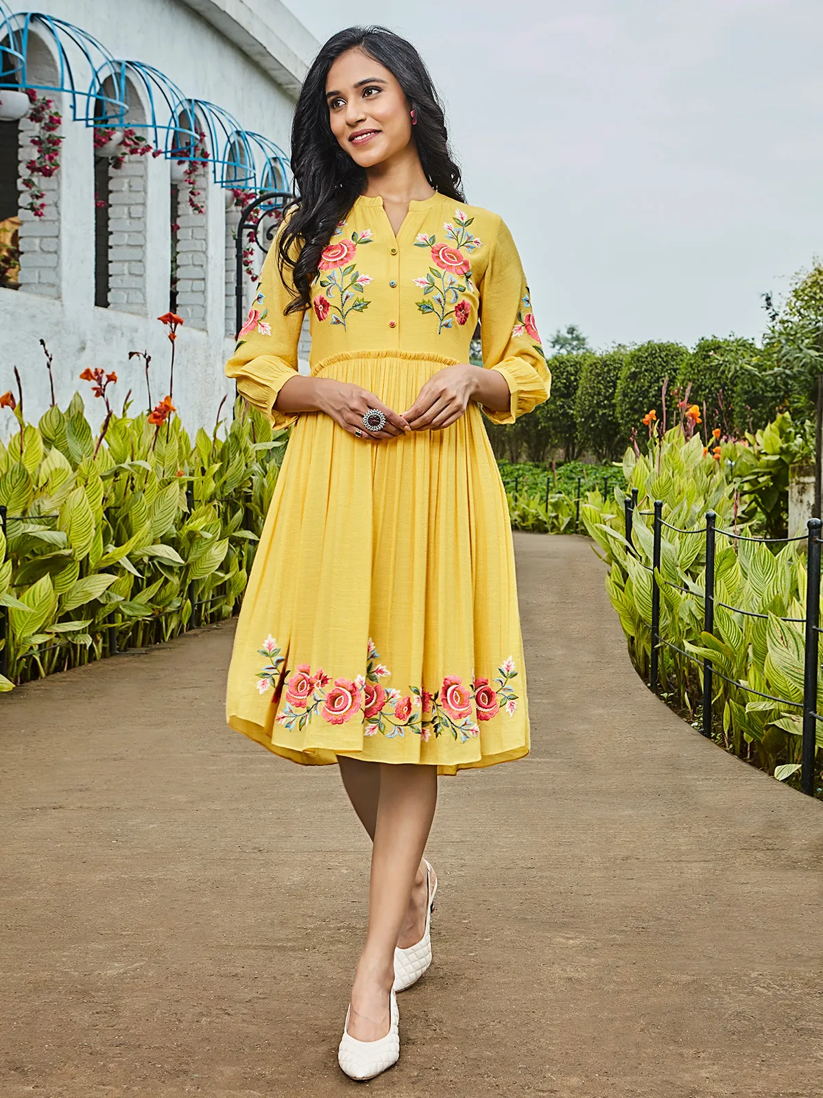 Yellow cotton embroidery casual kurti