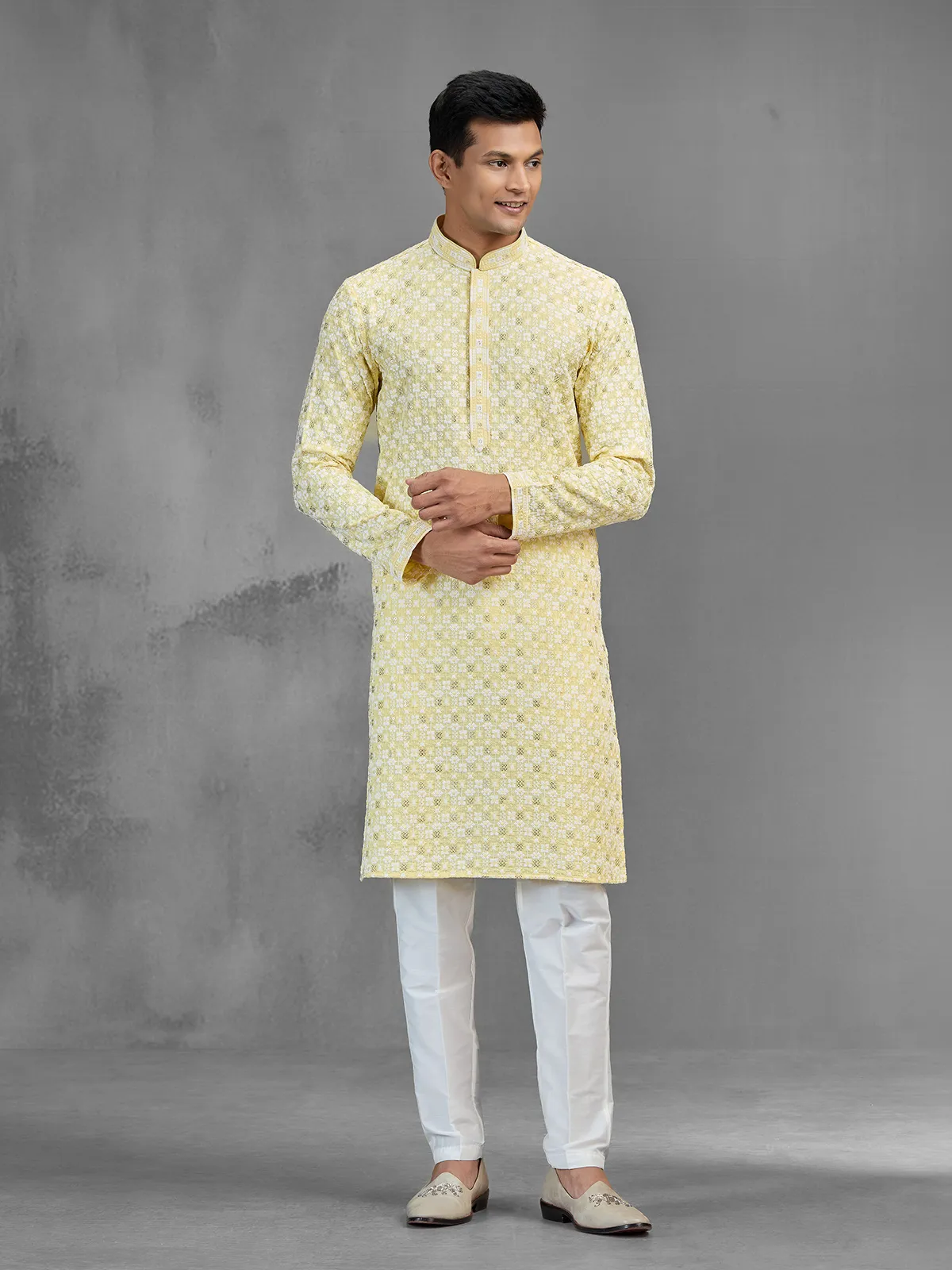 Yellow cotton men kurta suit chikankari festive style