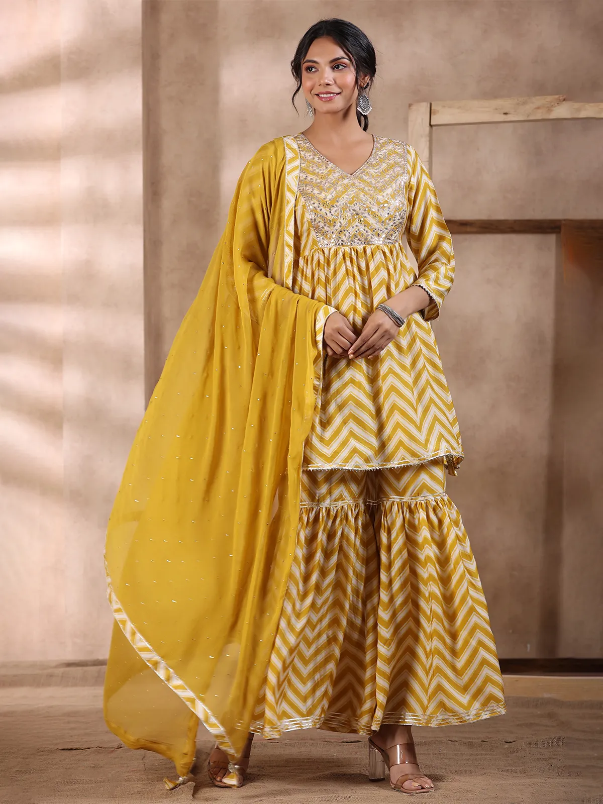 Yellow silk printed sharara set for casual