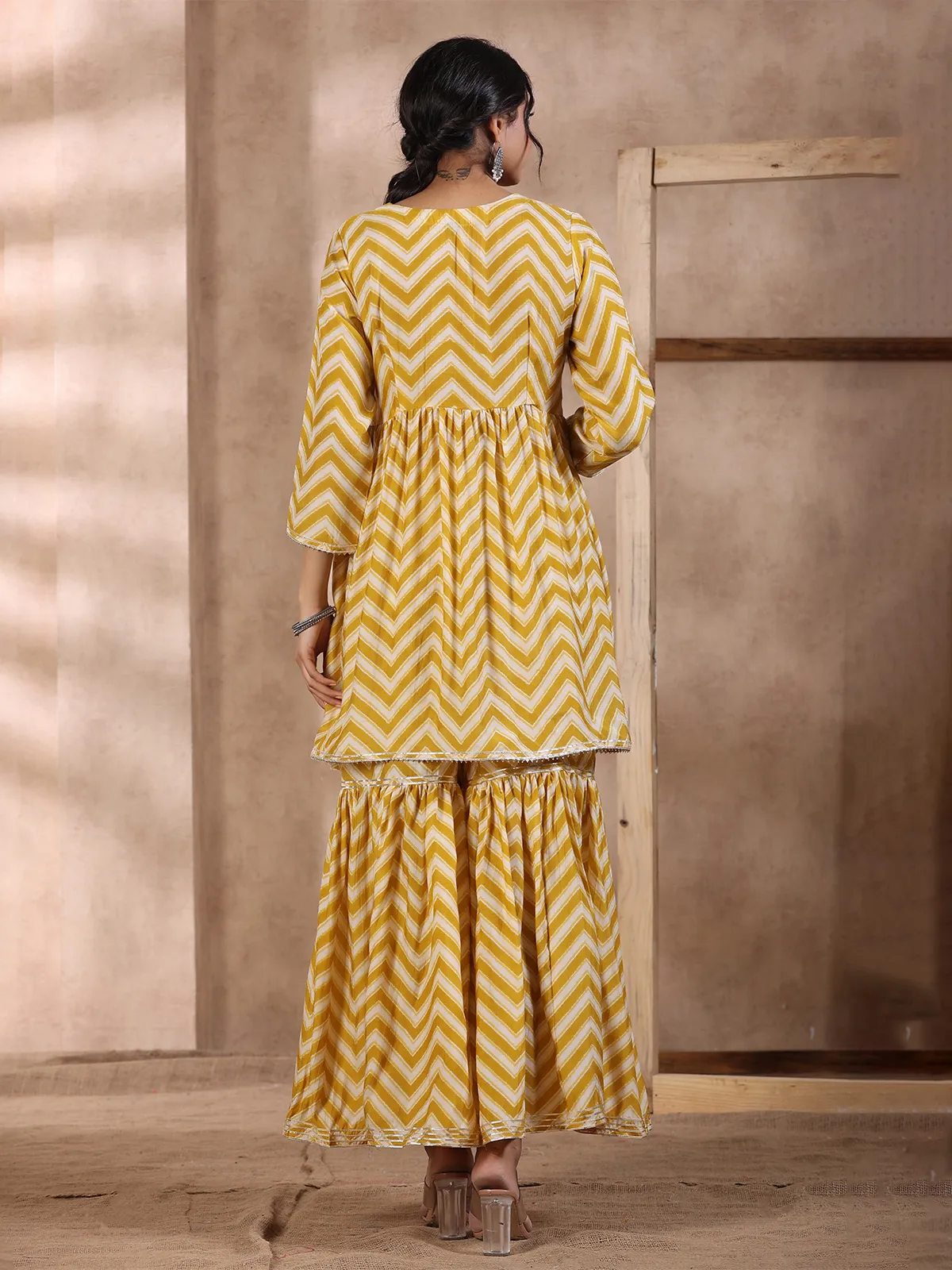 Yellow silk printed sharara set for casual