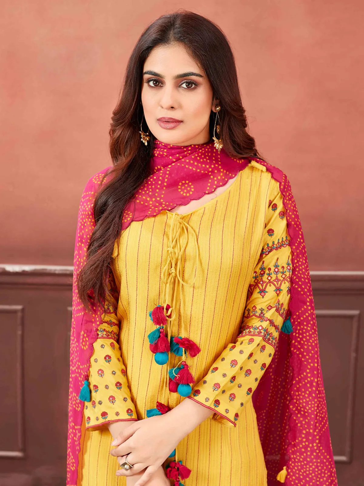 Yellow cotton silk stripe salwar suit