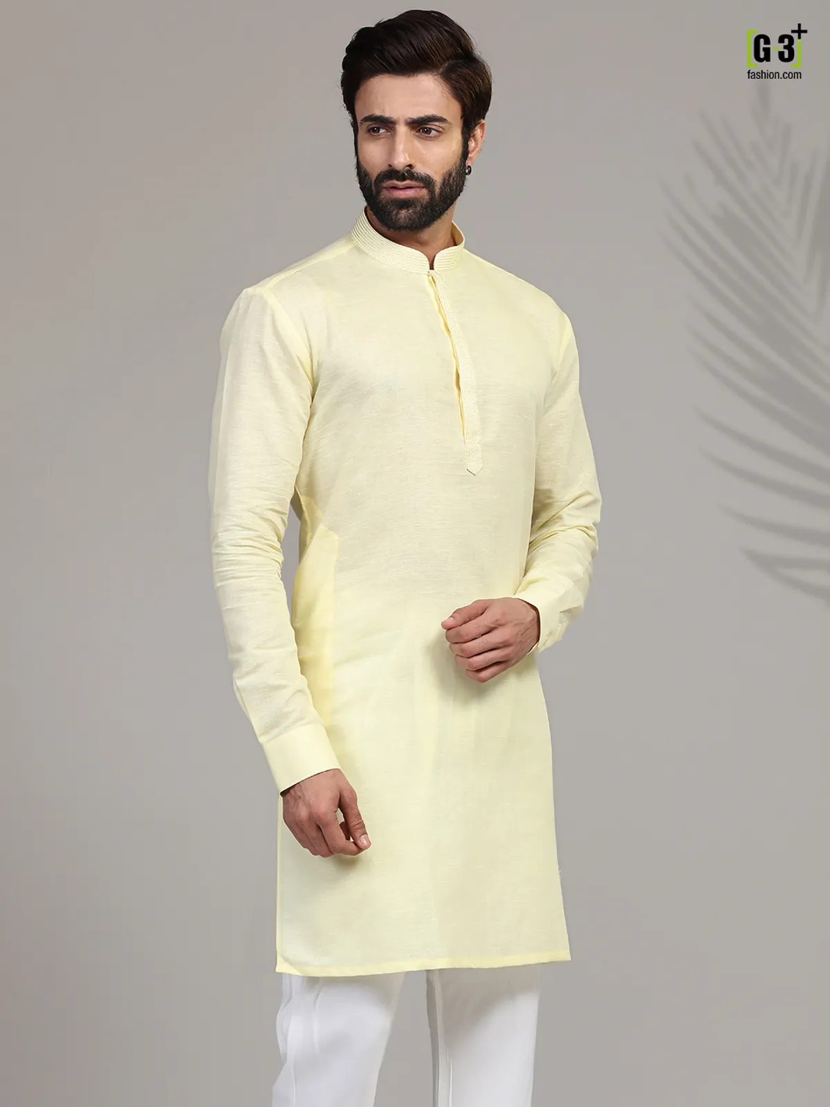 Yellow cotton stand collar only kurta