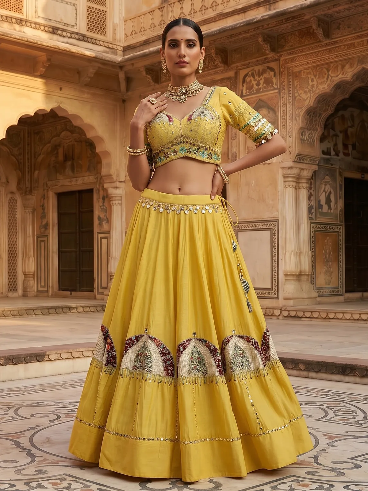Yellow embroidered lehenga choli for navratri celebration