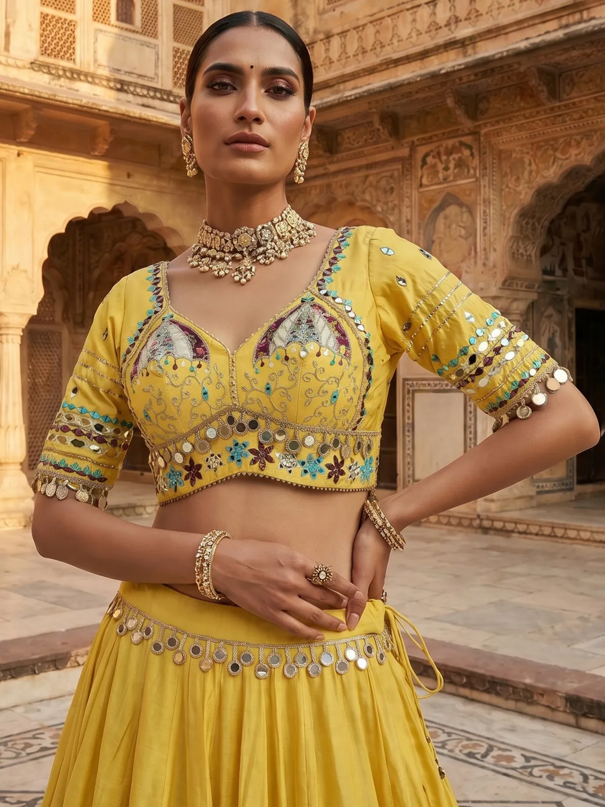 Yellow embroidered lehenga choli for navratri celebration