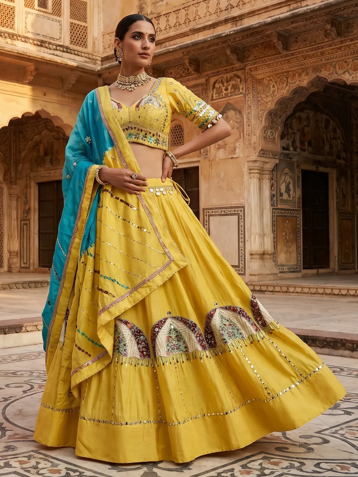 Yellow embroidered lehenga choli for navratri celebration