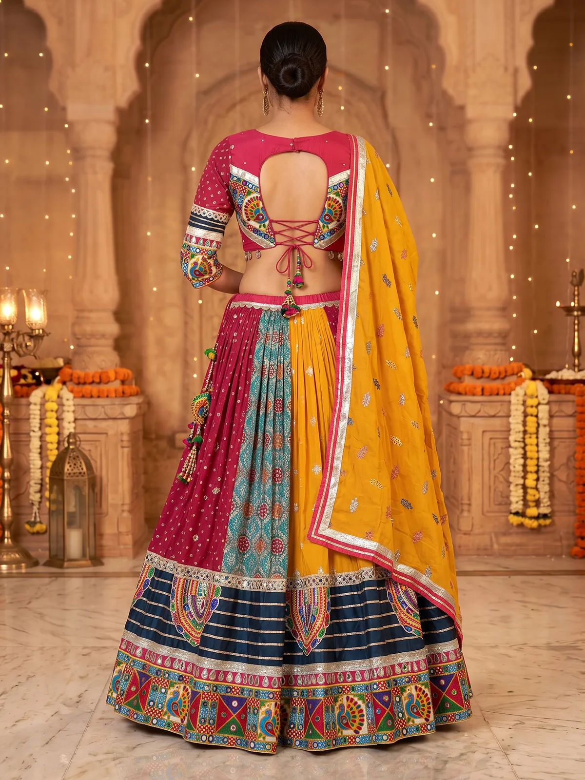 Yellow embroidered silk georgette festive lehenga choli