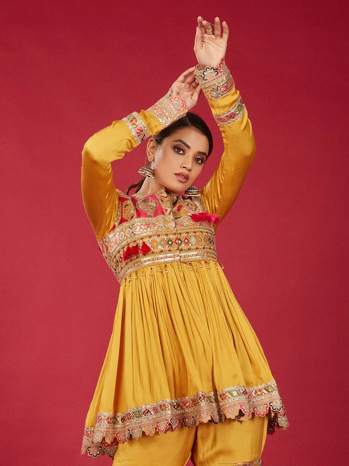 Yellow embroidery silk sharara suit