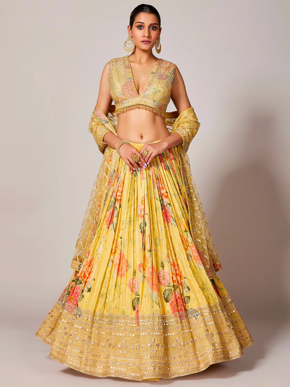 Yellow floral printed lehenga choli in silk