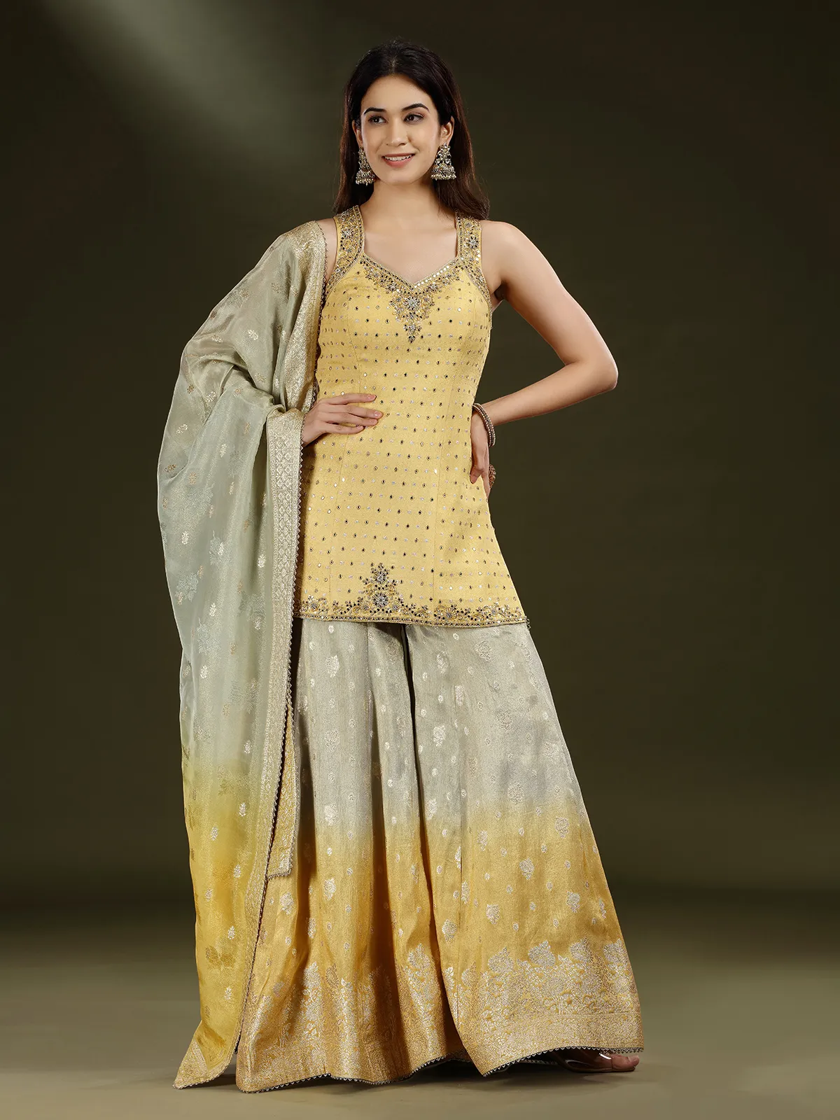 Yellow grey shaded silk palazzo suit