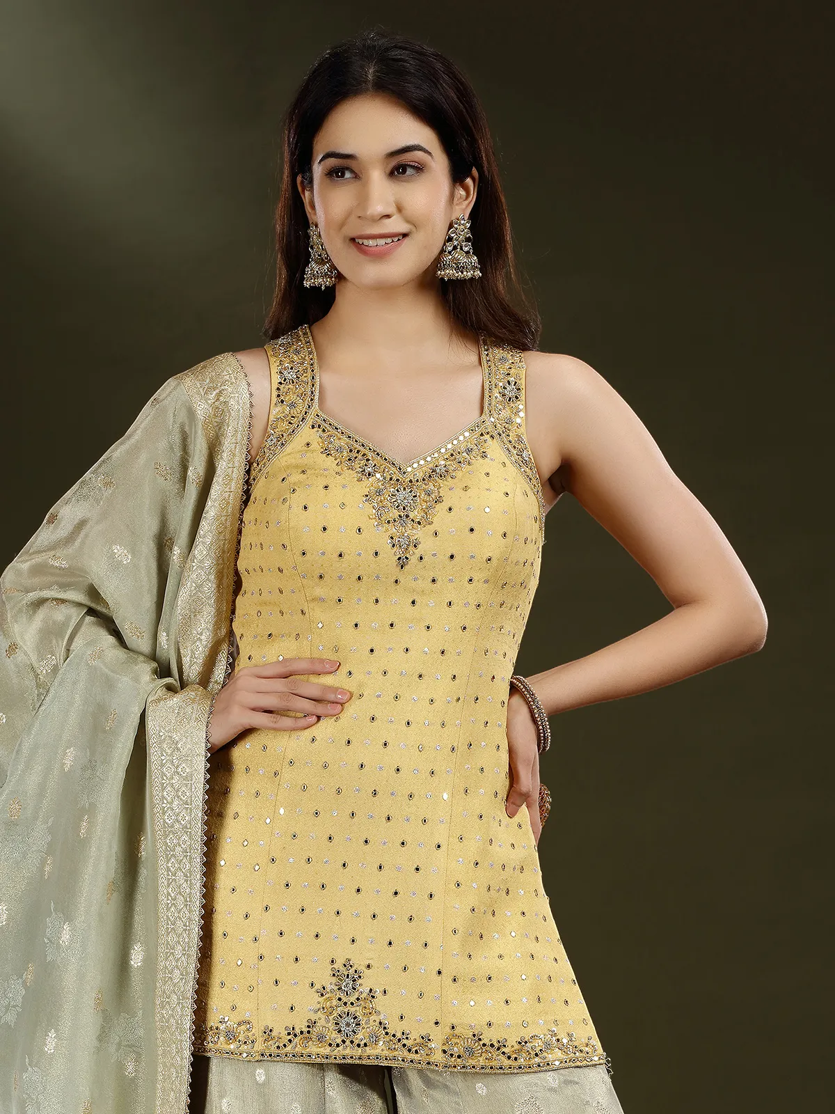 Yellow grey shaded silk palazzo suit