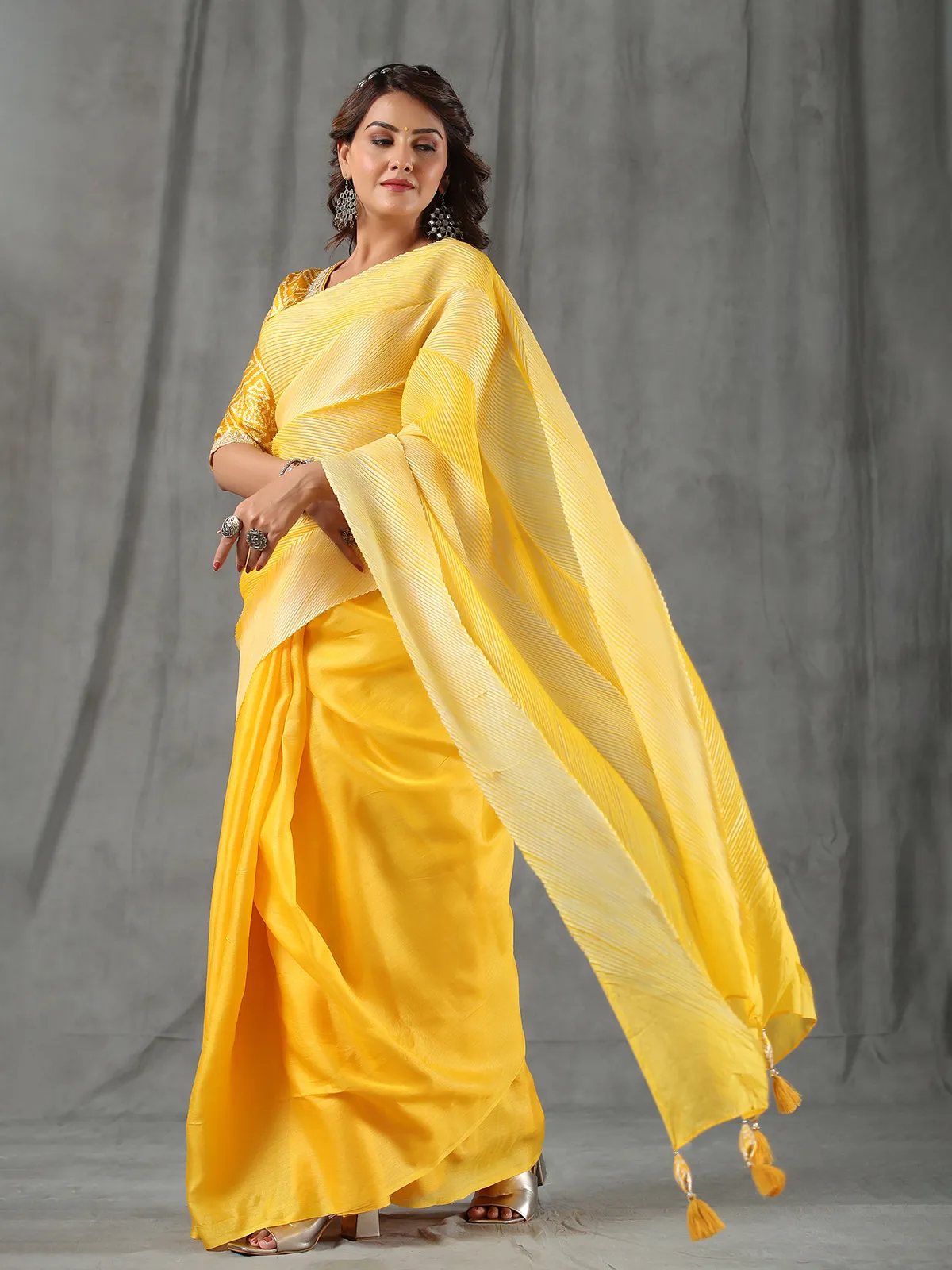 Yellow half n half tussar silk saree