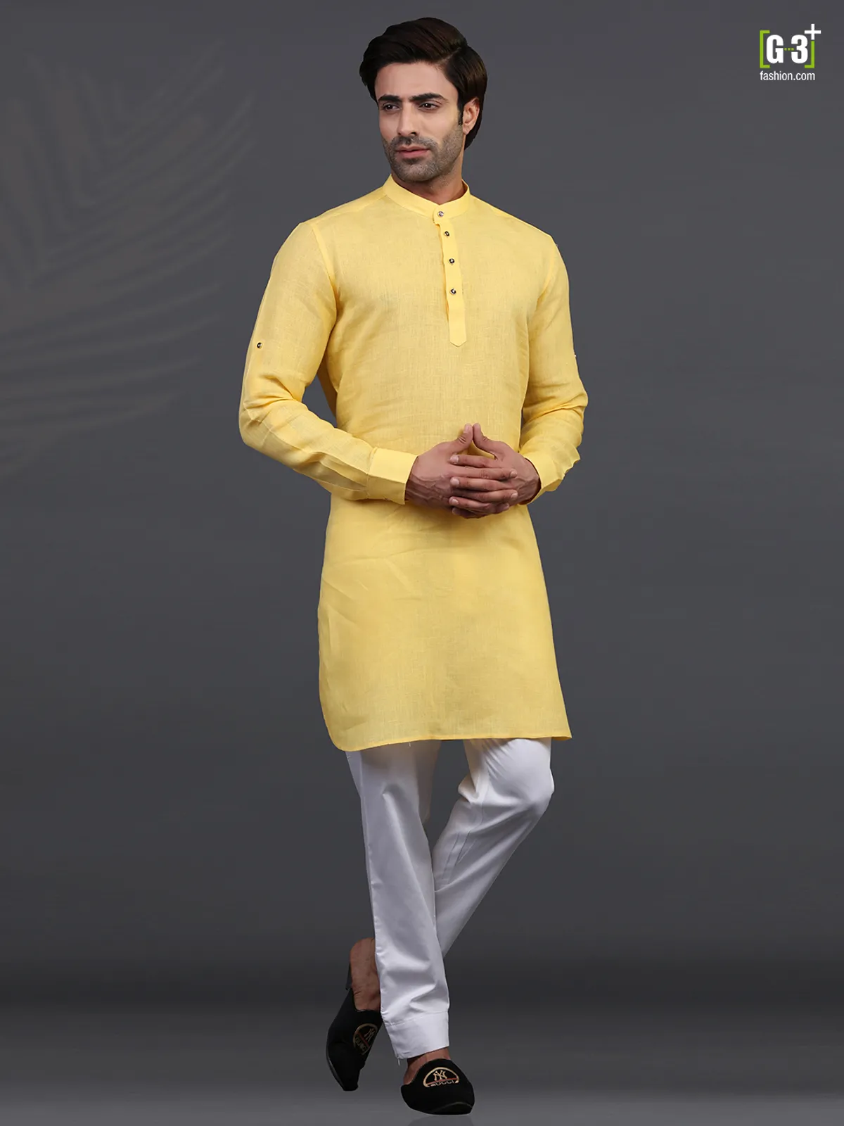 Yellow linen full sleeeves kurta suit