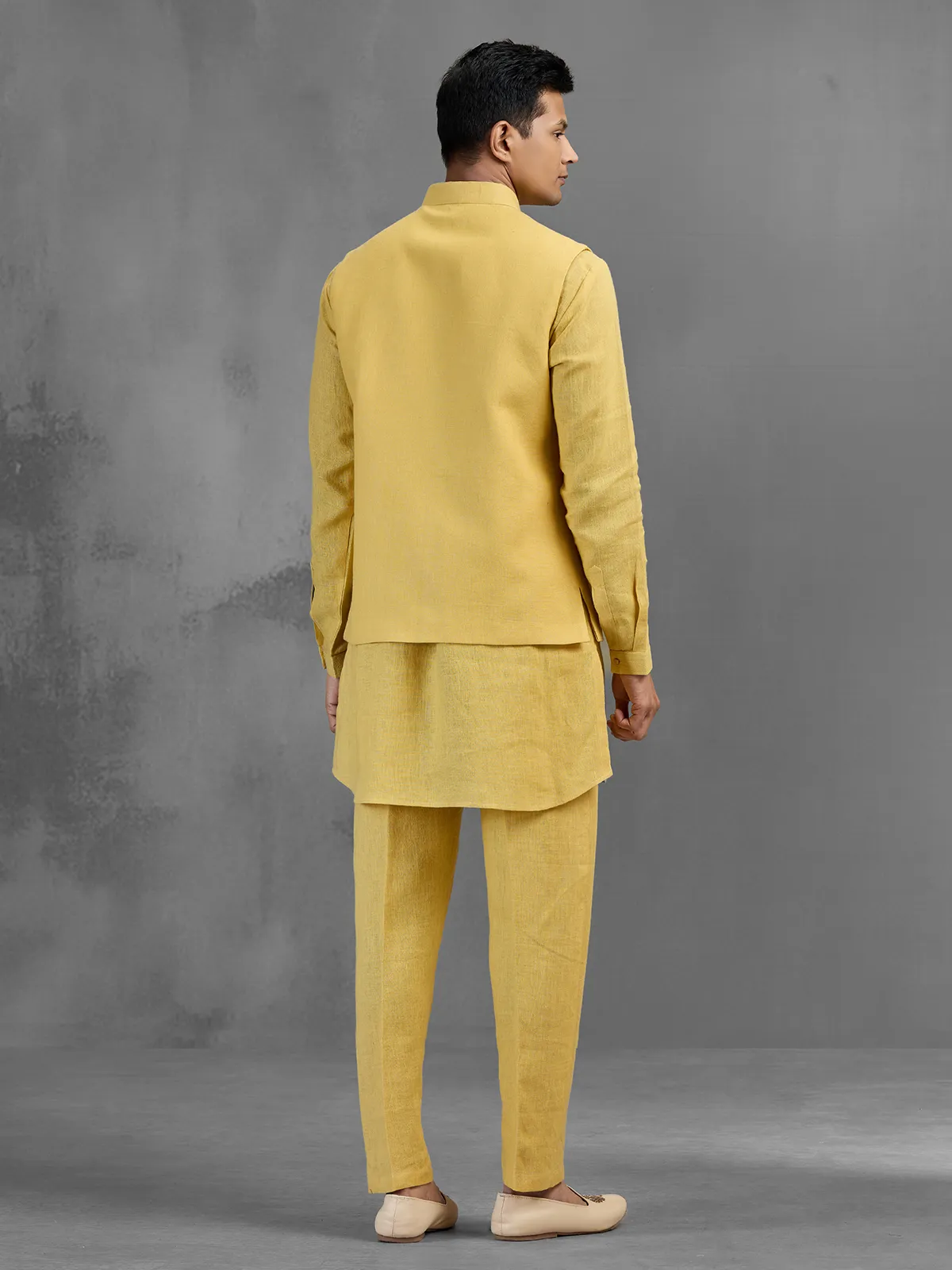 Yellow linen peacock brooch embroidered festive waistcoat set