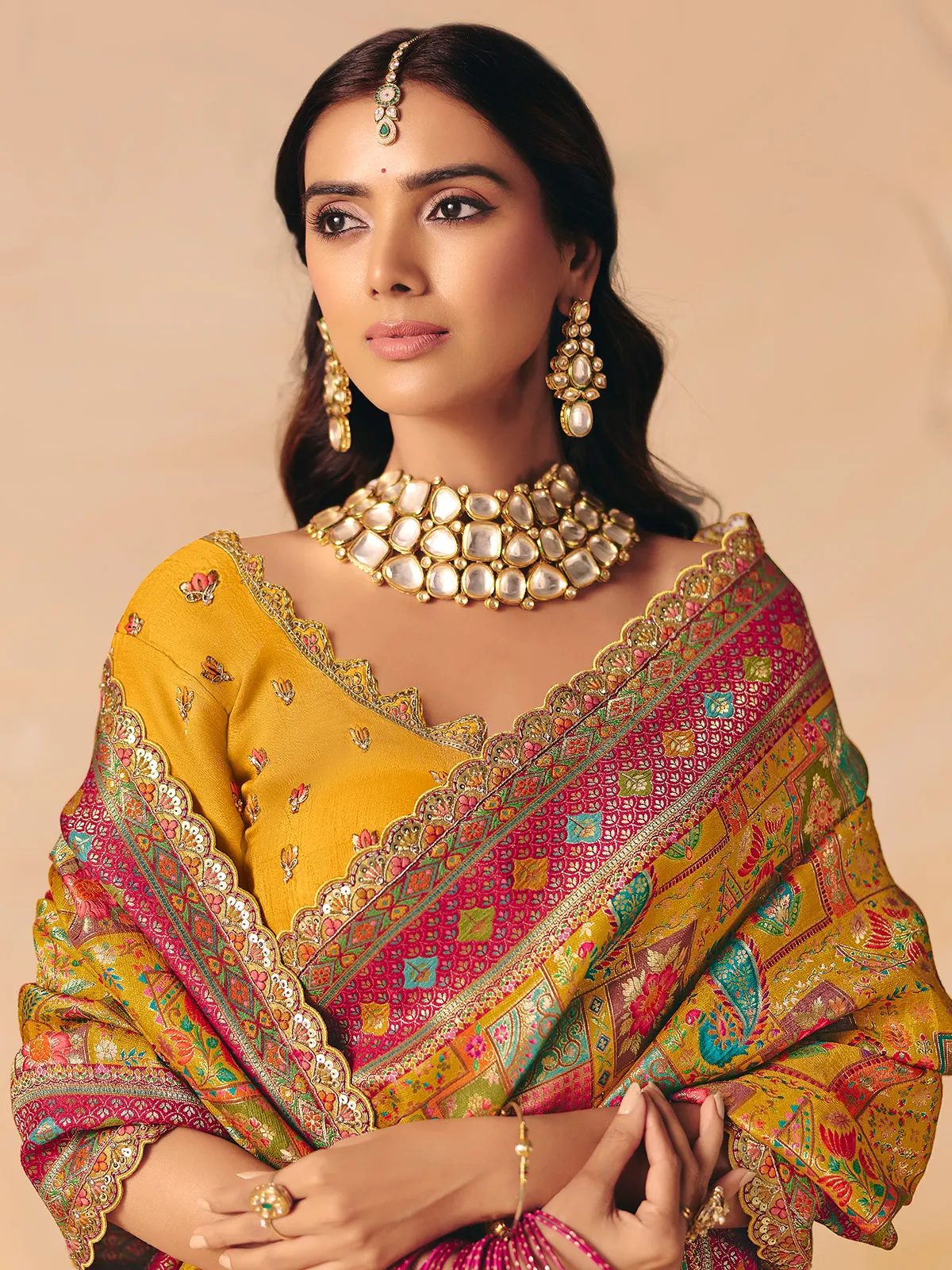 Yellow peacock elephant design banarasi silk ensemble