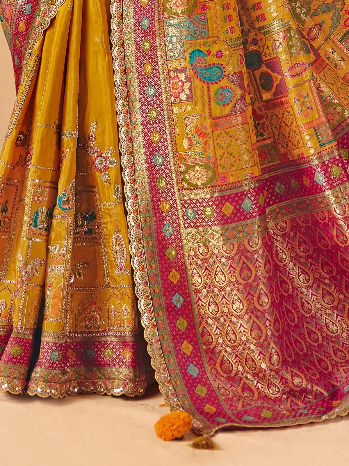 Yellow peacock elephant design banarasi silk ensemble