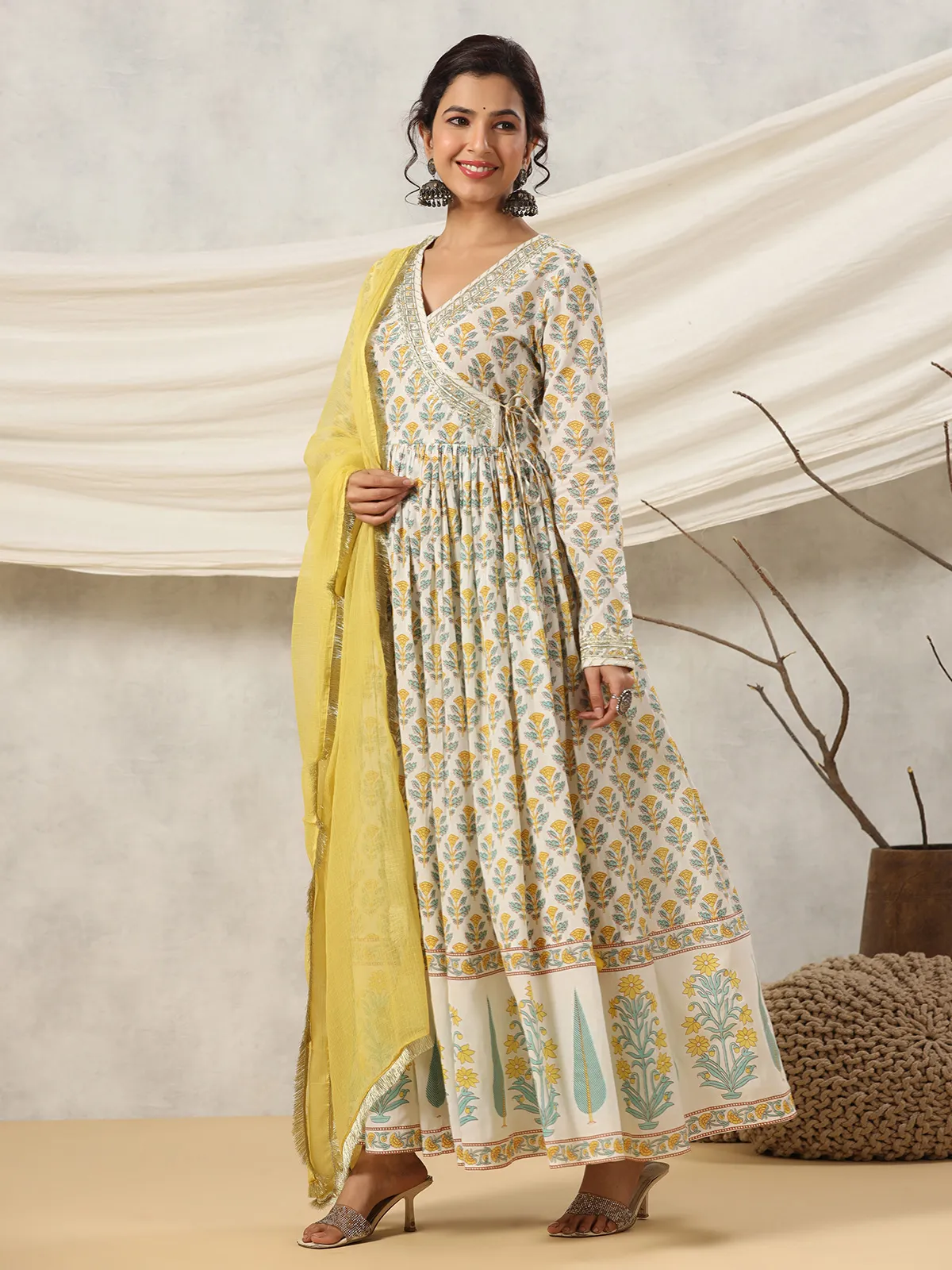 Yellow printed anarkali kurti with dupatta