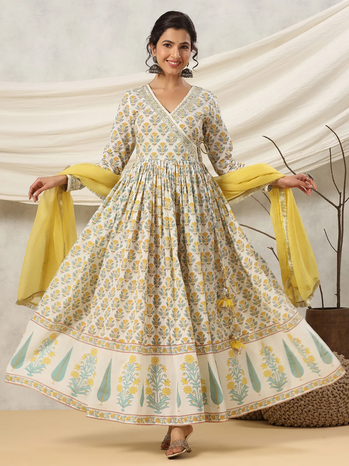 Yellow printed anarkali kurti with dupatta