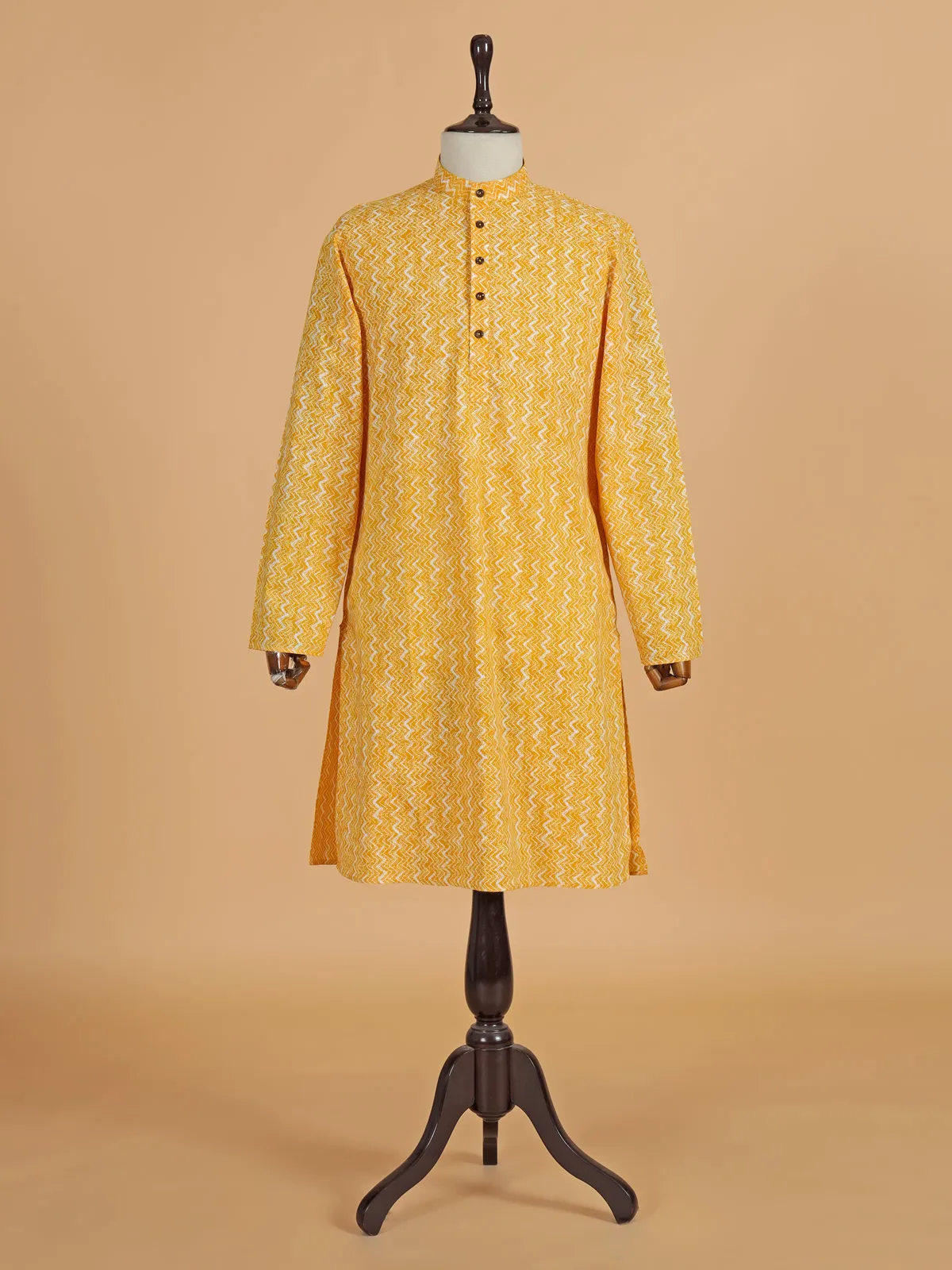 Yellow printed cotton silk kurta pajama for men