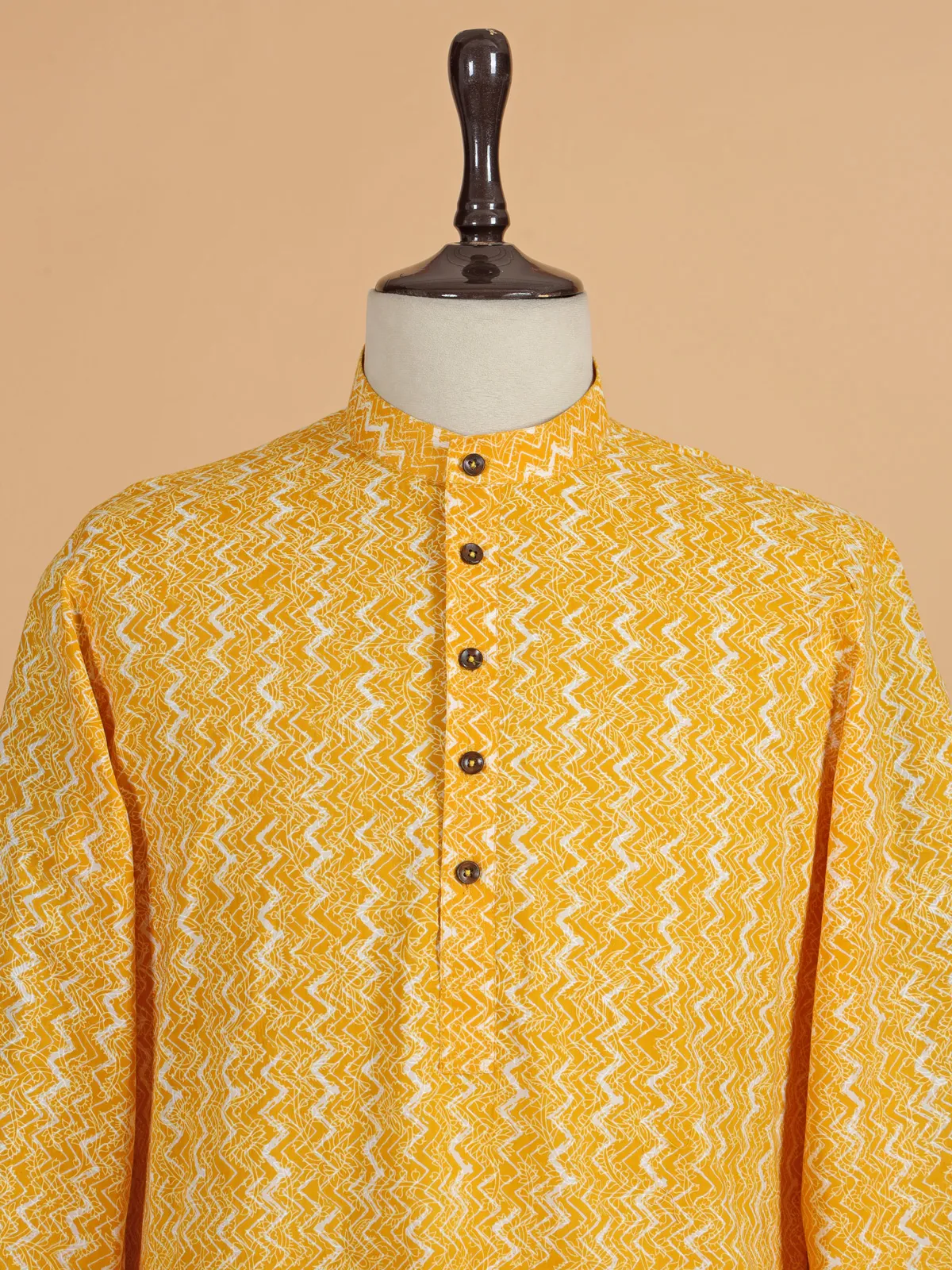 Yellow printed cotton silk kurta pajama for men