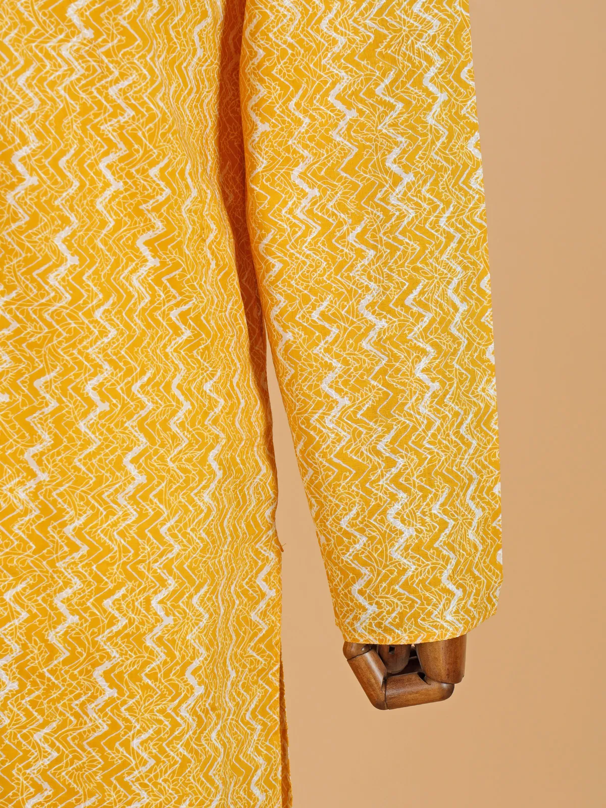 Yellow printed cotton silk kurta pajama for men