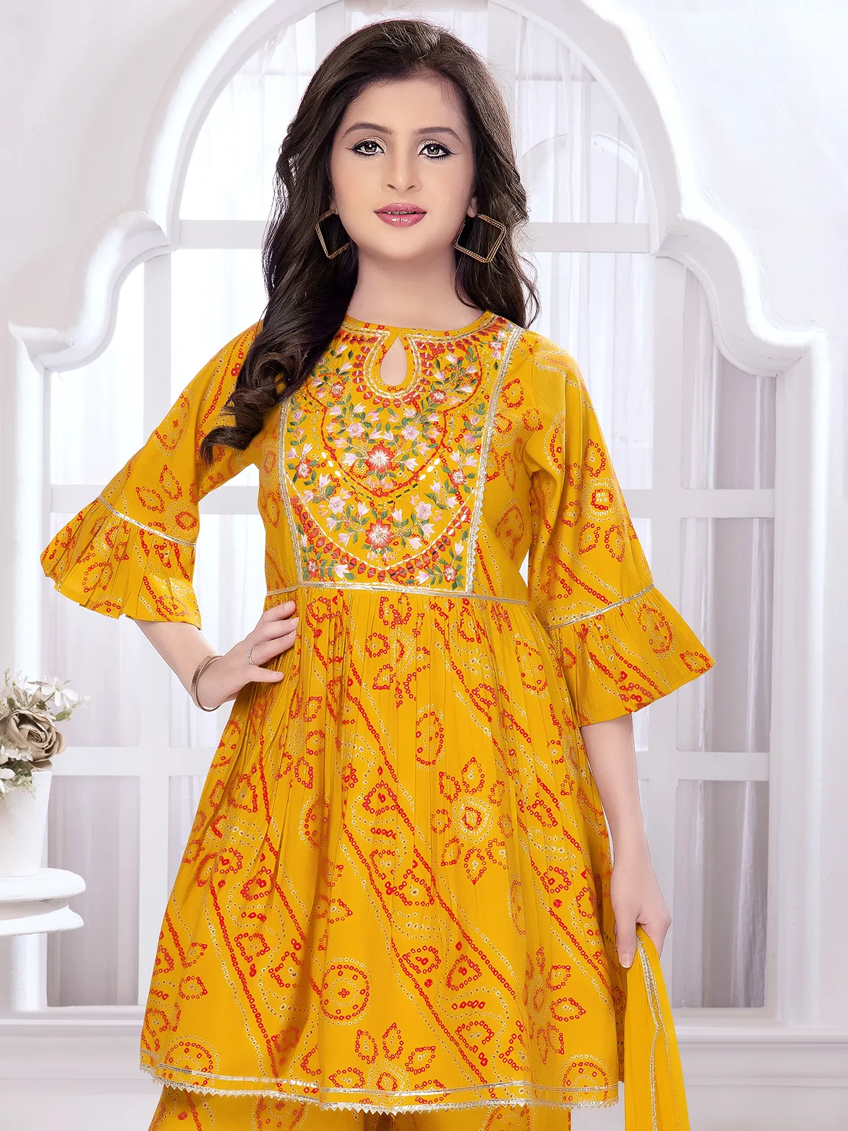 Yellow printed cotton silk palazzo suit