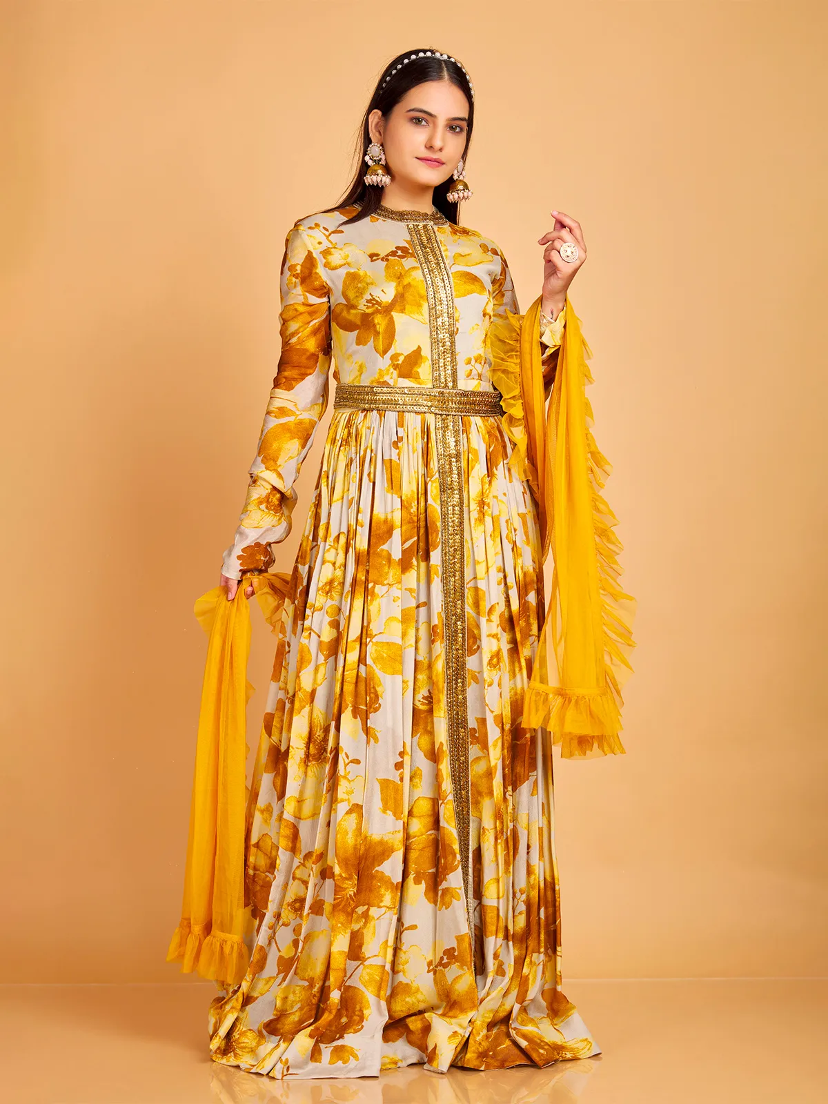 Yellow printed floor length suit in silk