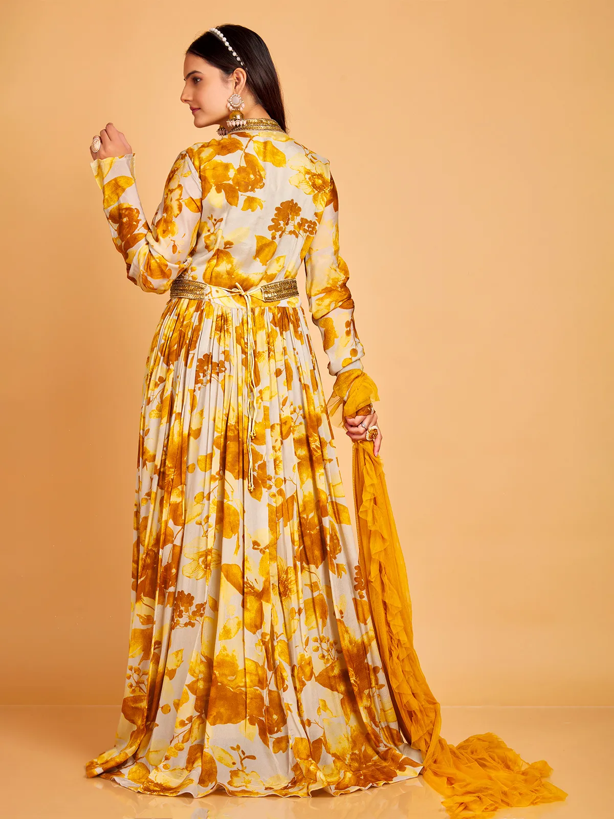 Yellow printed floor length suit in silk