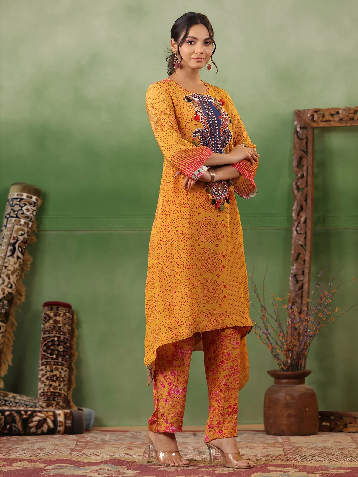 Yellow printed kurti with pant