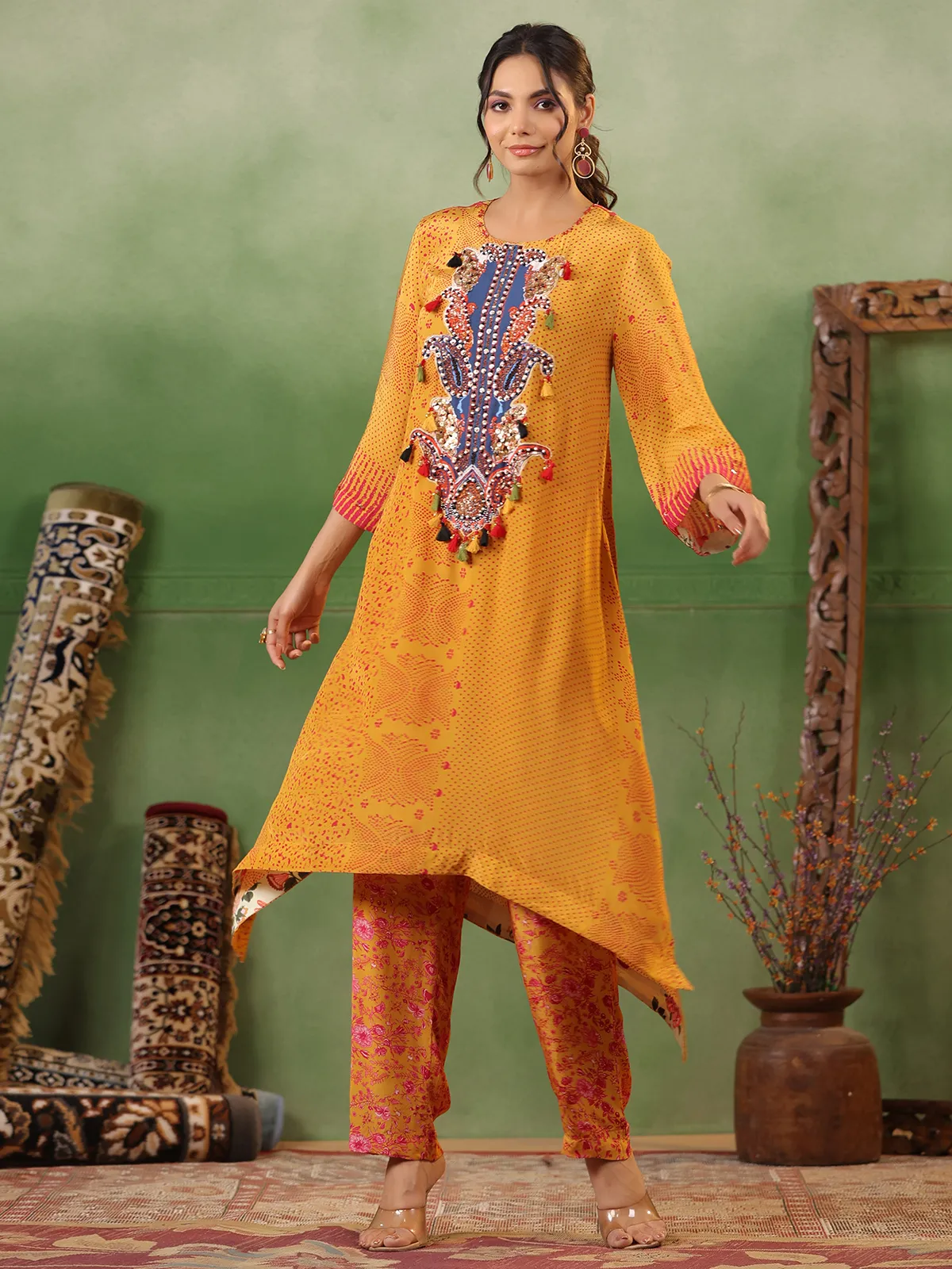 Yellow printed kurti with pant