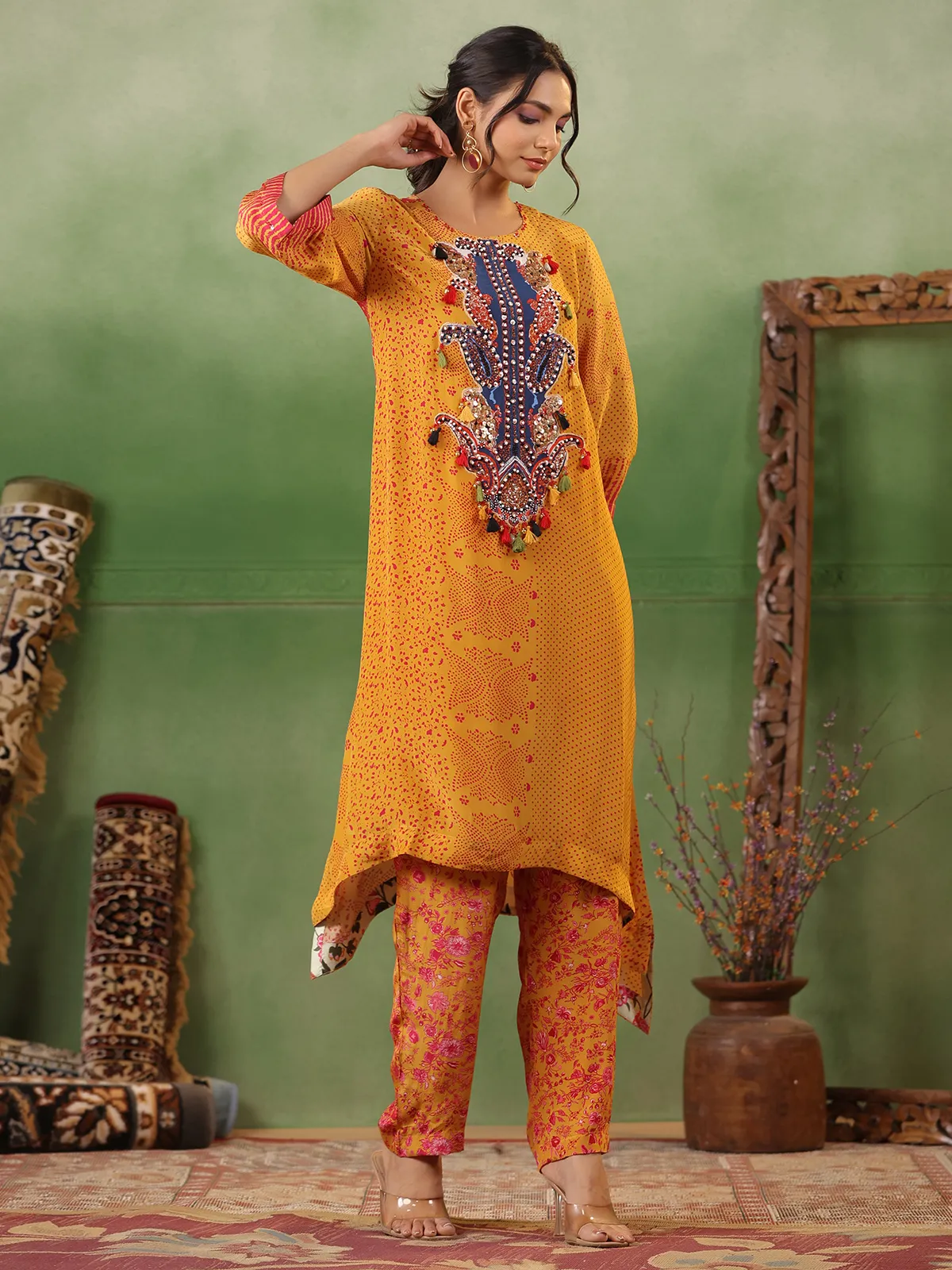 Yellow printed kurti with pant