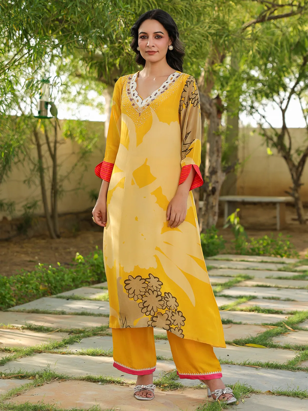 Yellow printed rayon cotton kurti set