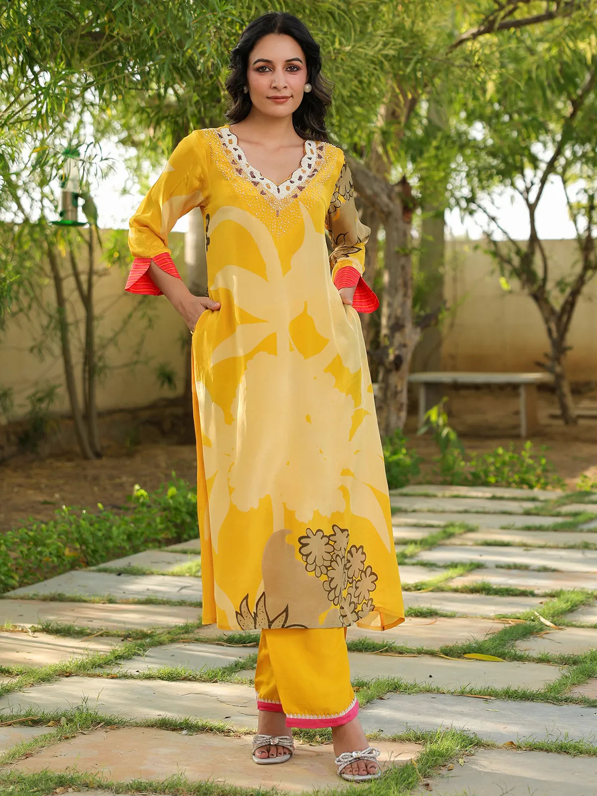 Yellow printed rayon cotton kurti set