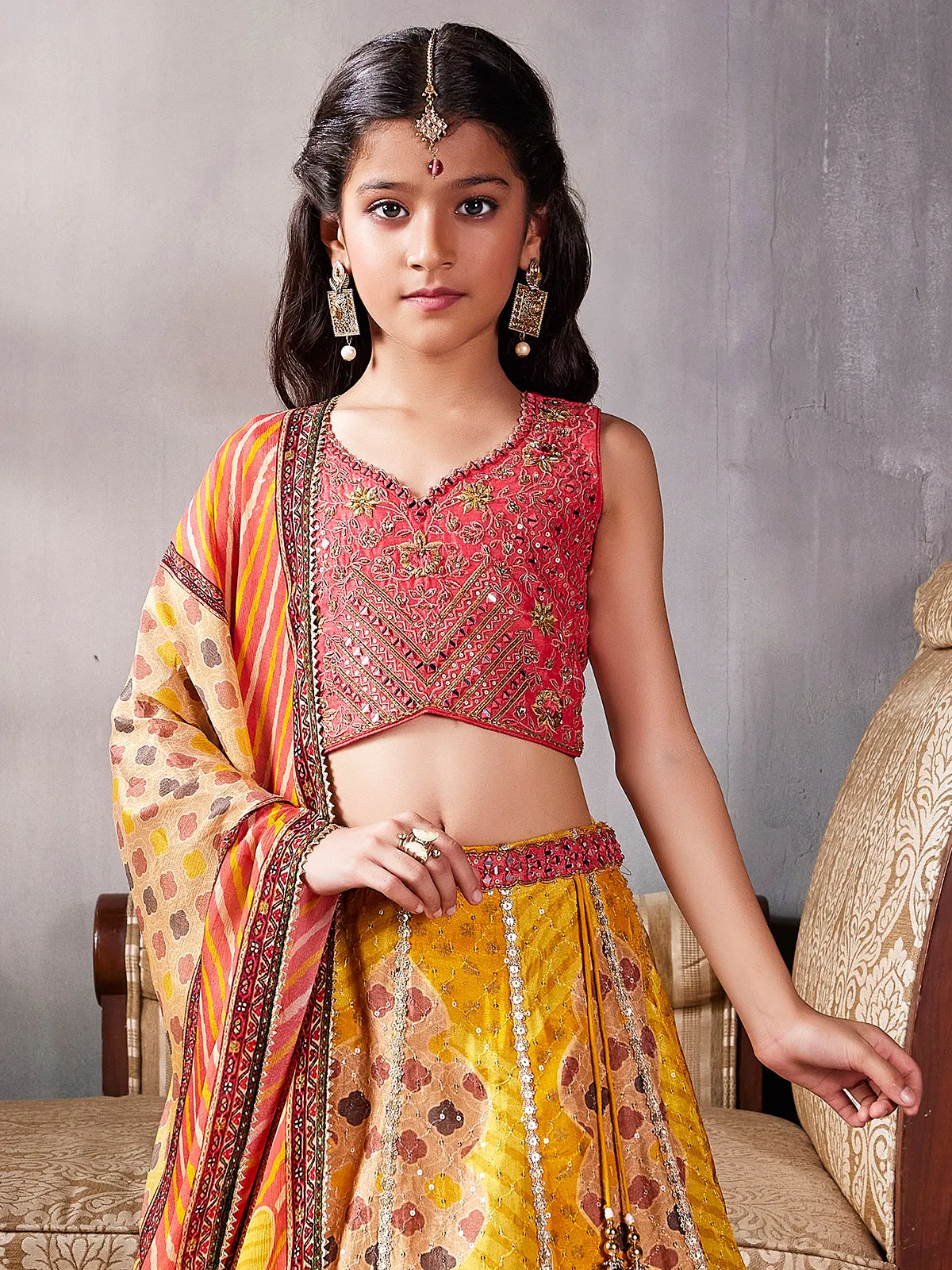Yellow printed silk lehenga choli for reception