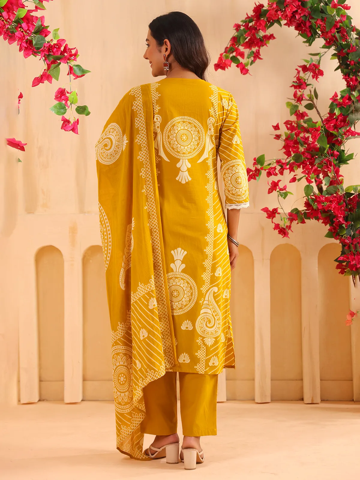Yellow printed straight cut kurti set