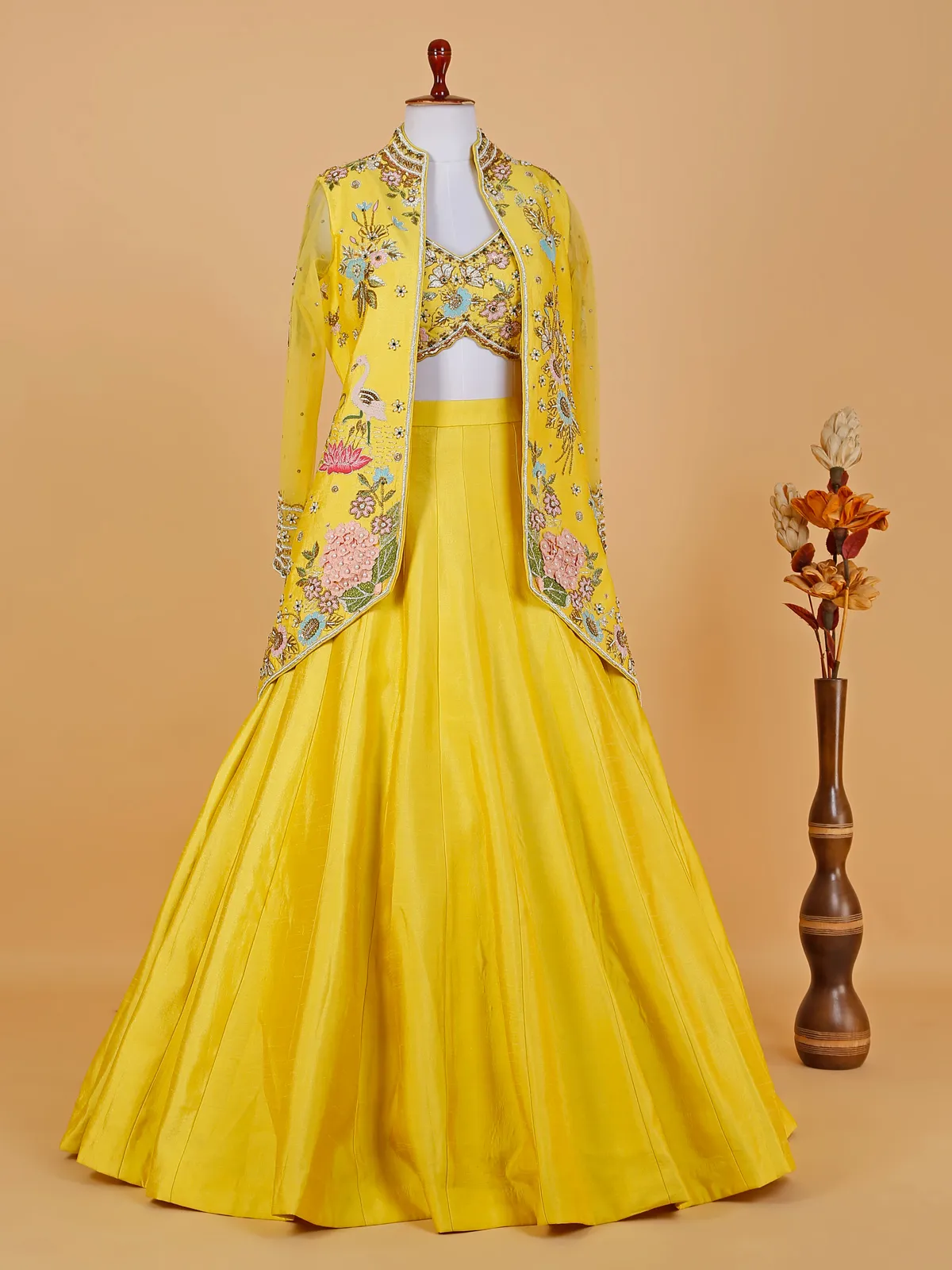 Yellow raw silk jacket style lehenga choli