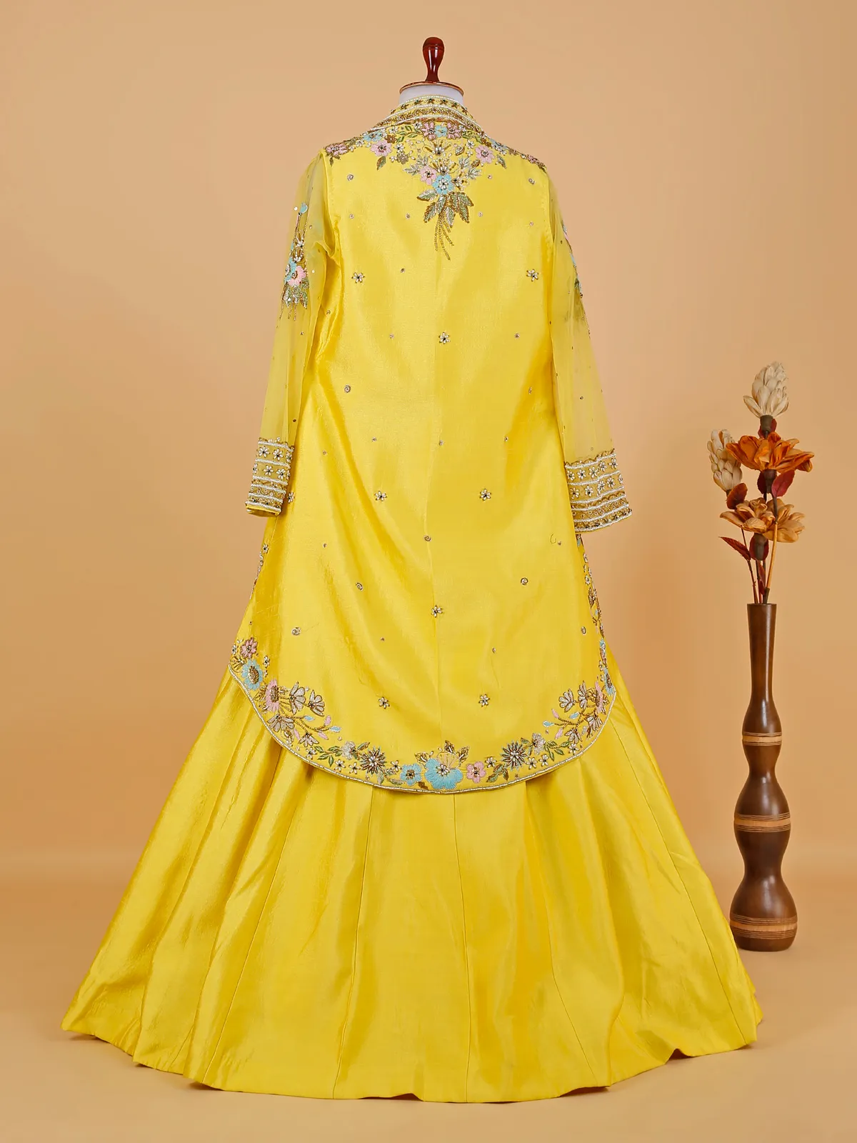 Yellow raw silk jacket style lehenga choli