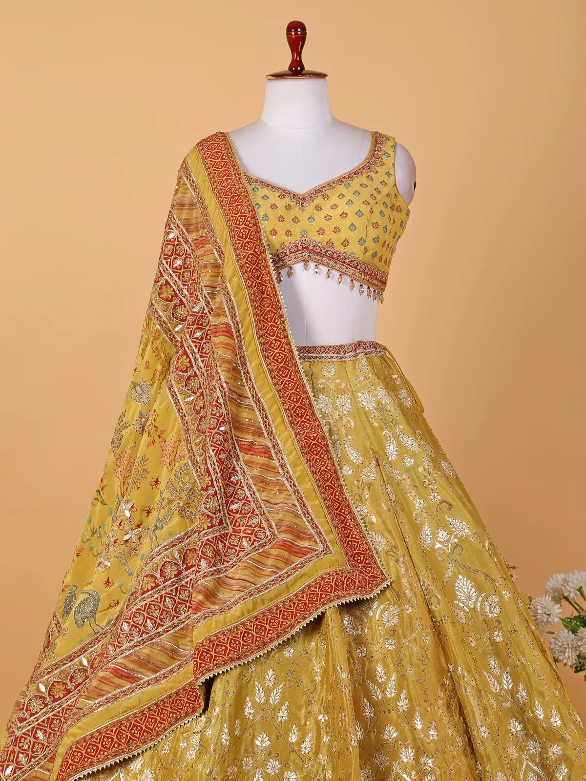 Yellow raw silk zari weaving lehenga choli