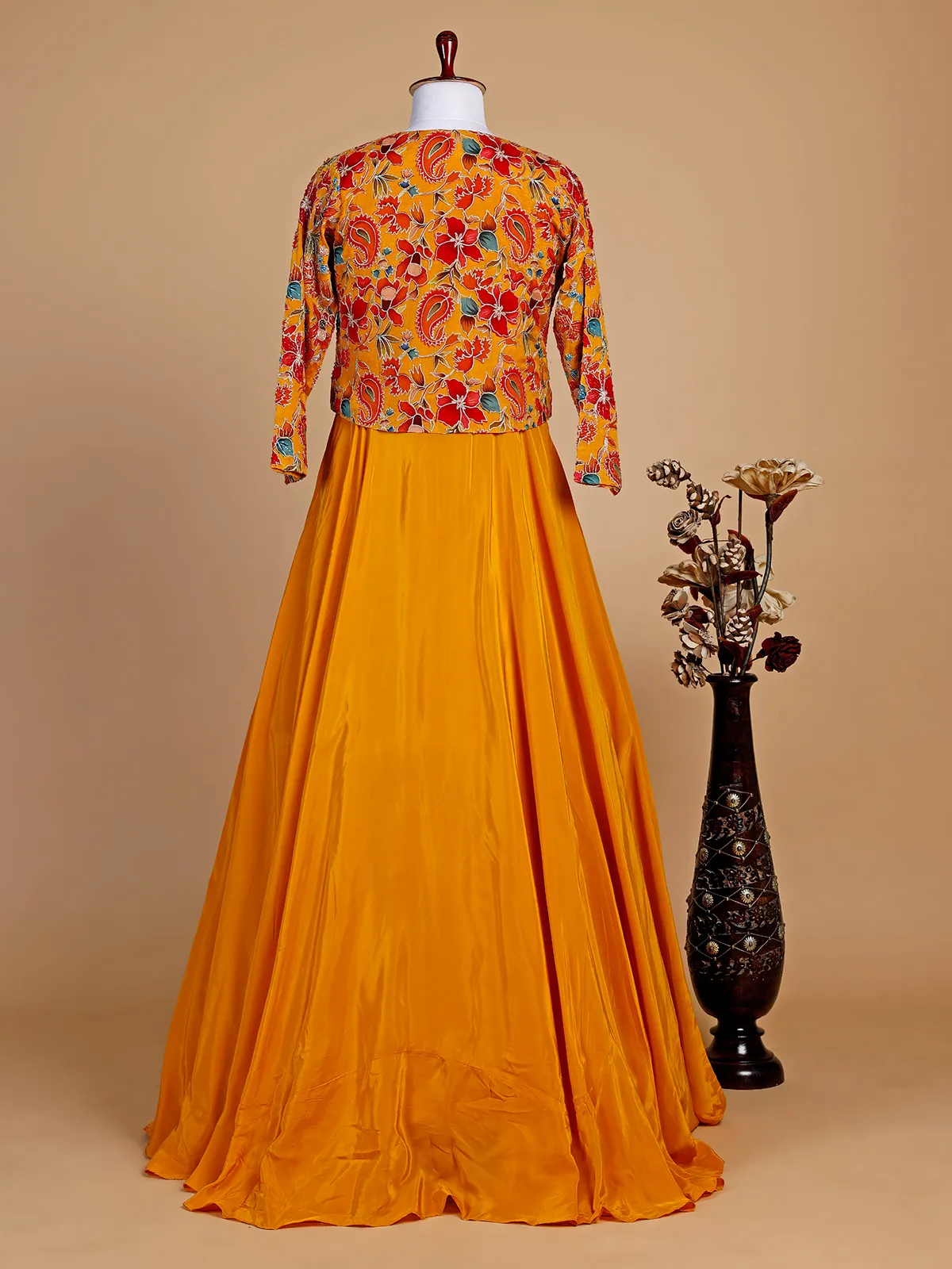 Yellow satin plain floor length suit with jacket