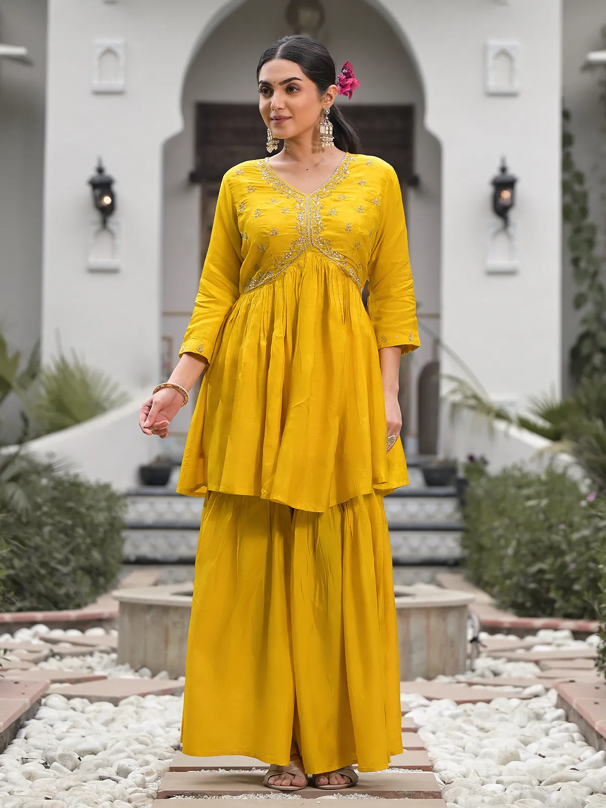 Yellow silk alia cut sharara set with dupatta