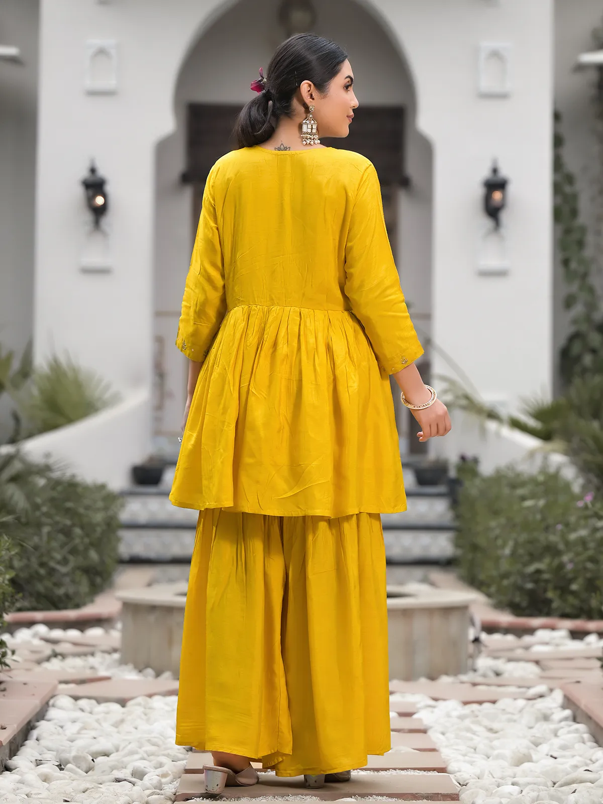 Yellow silk alia cut sharara set with dupatta