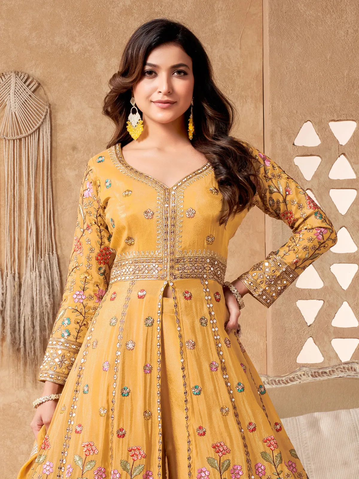 Yellow silk embroidered anarkali palazzo suit for women