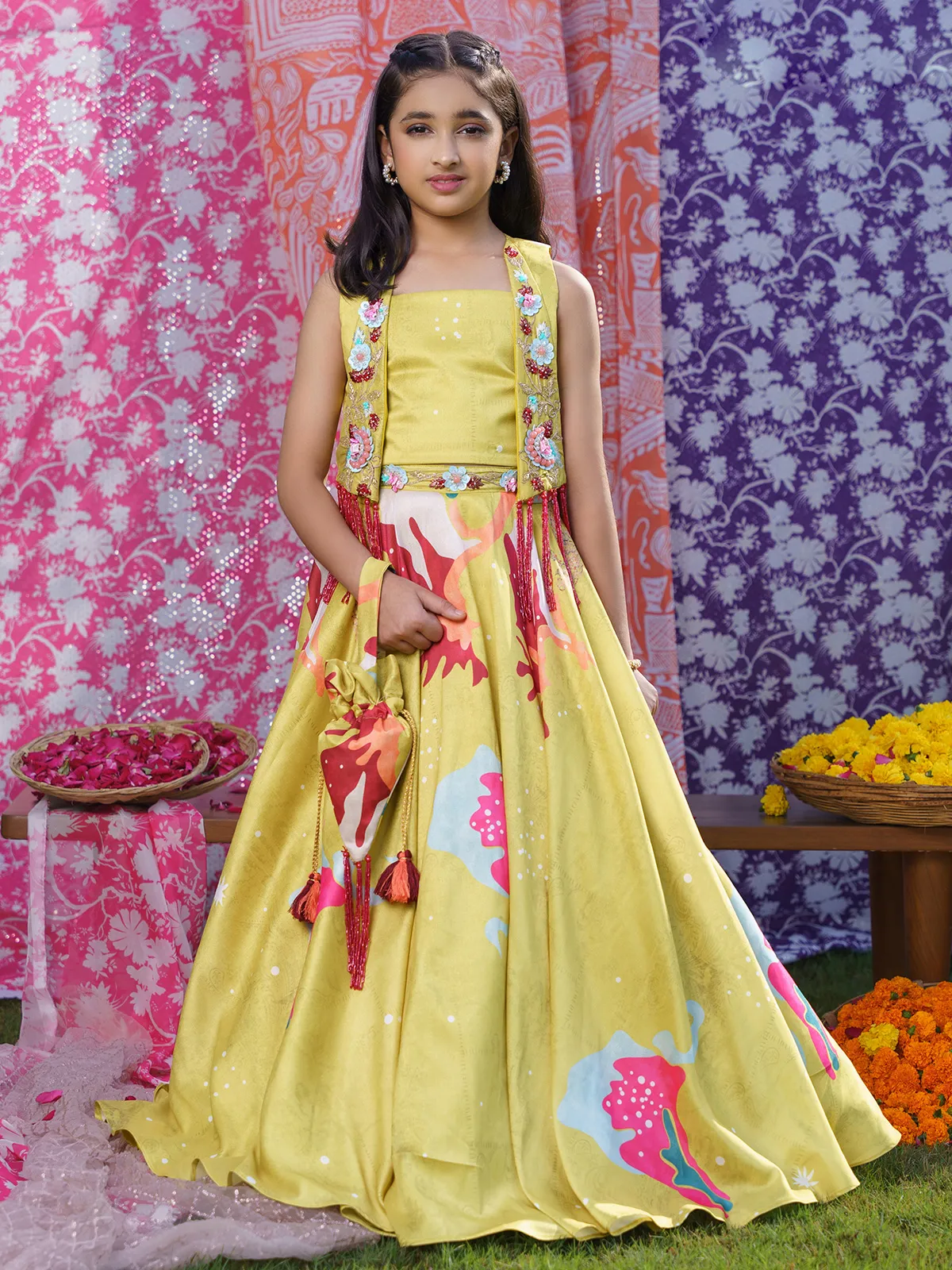 Yellow silk printed jacket style lehenga choli