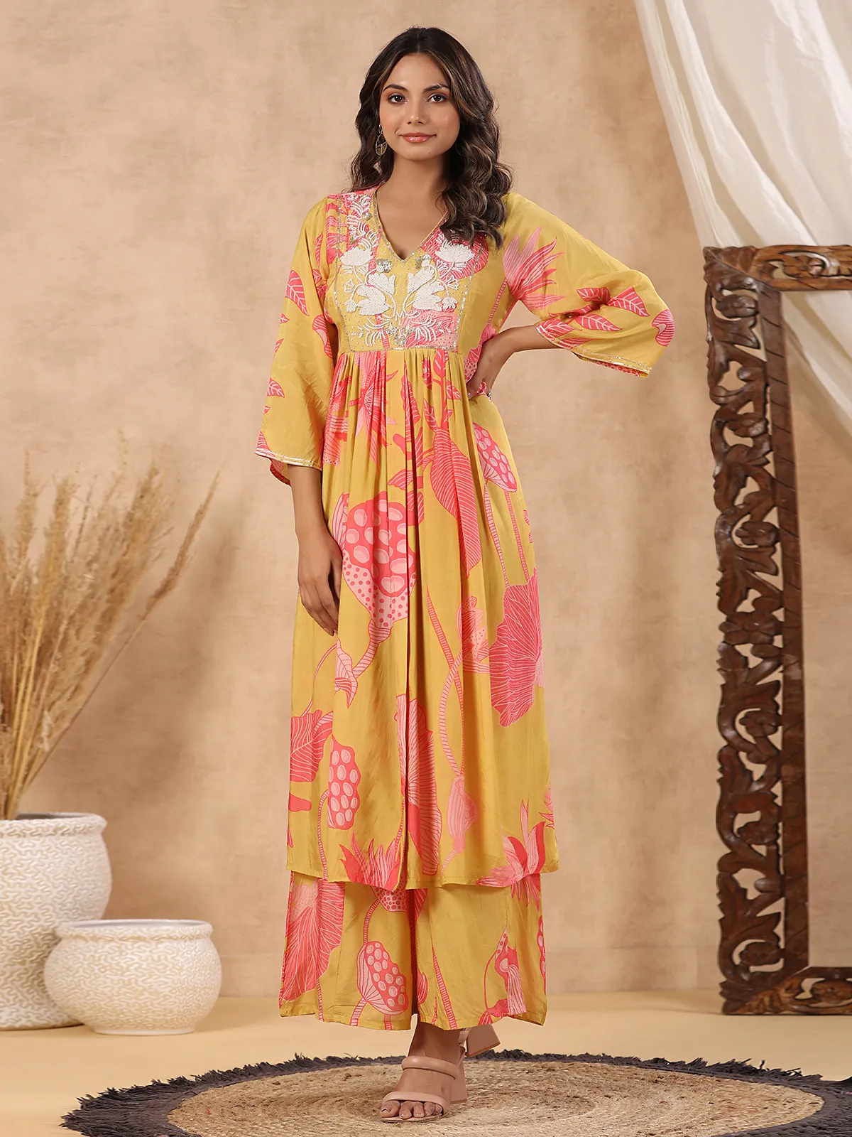 Yellow silk printed palazzo set