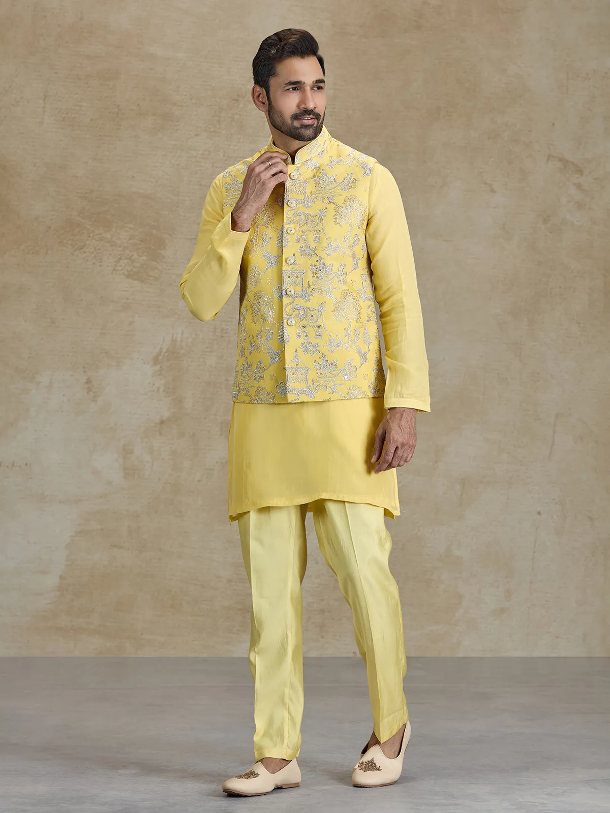 Yellow silk resham and sequins waistcoat set for haldi