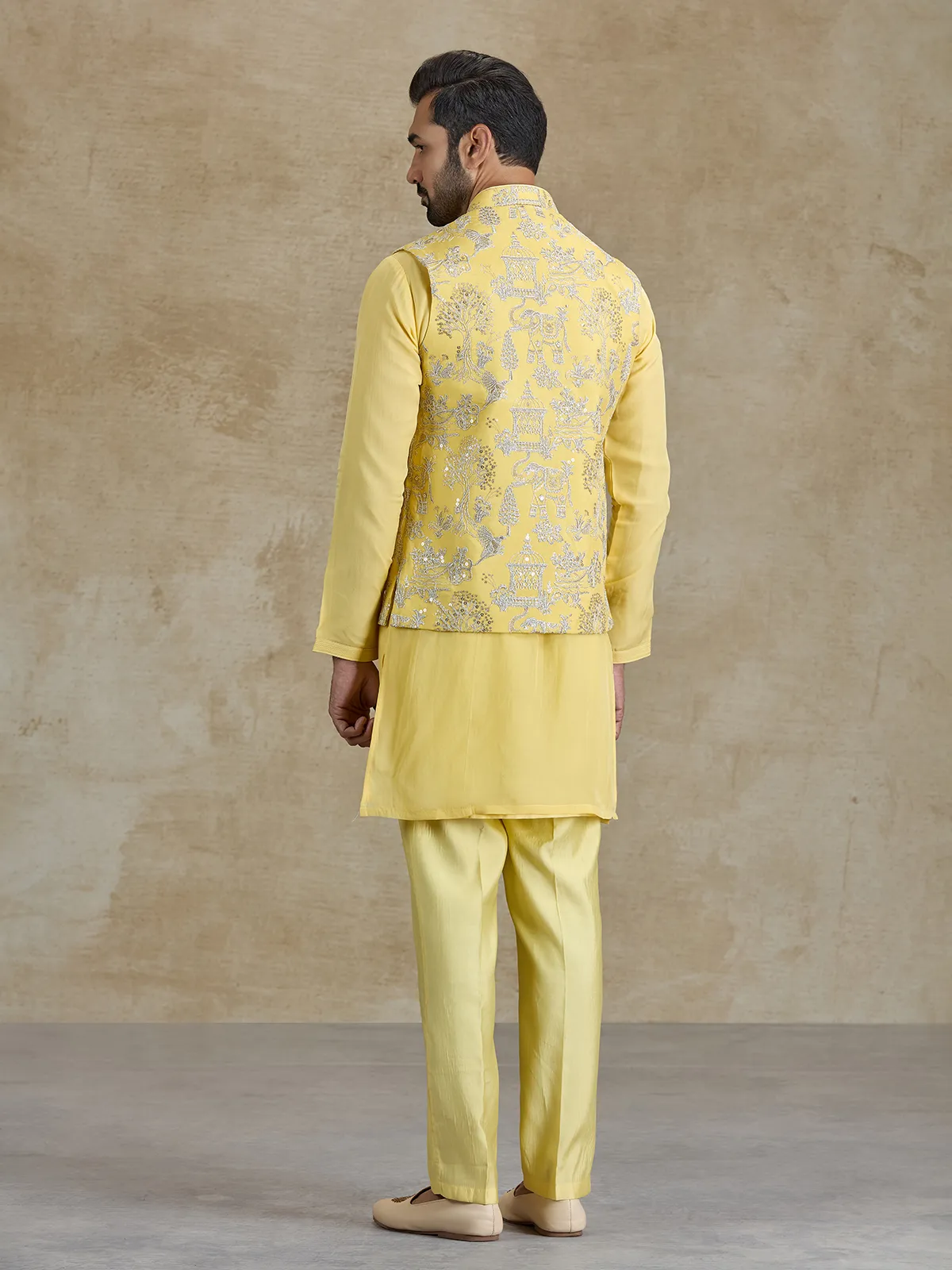 Yellow silk resham and sequins waistcoat set for haldi