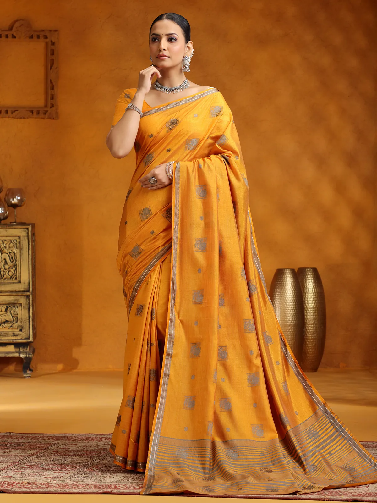 Yellow silk zari worked saree
