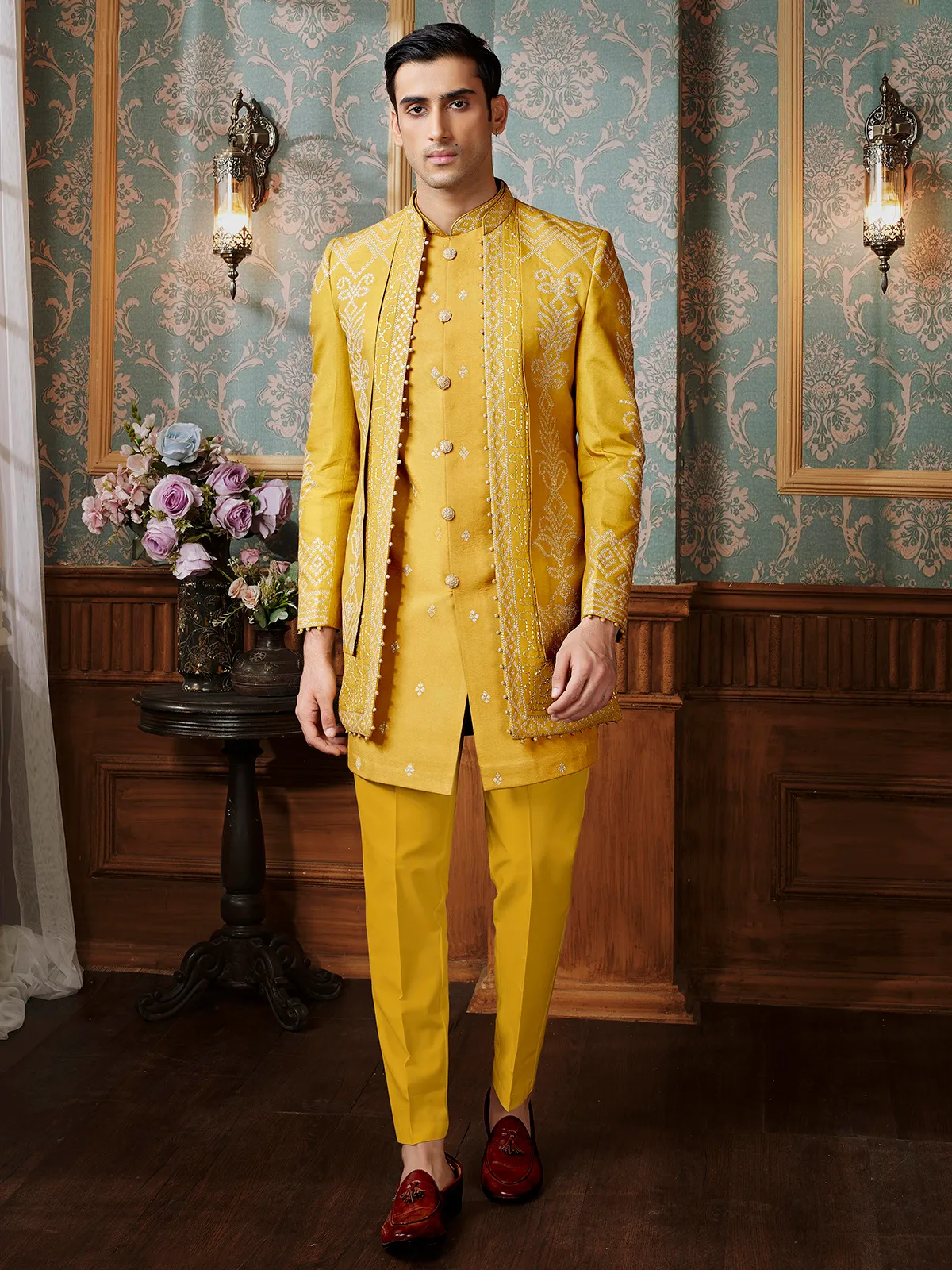 Yellow terry rayon Indowestern with minimal thread work