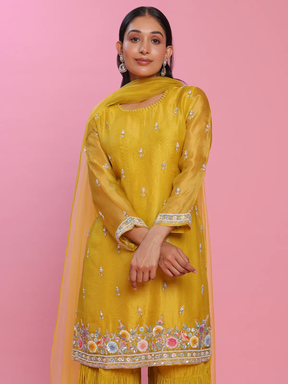 Yellow tissue silk sharara suit