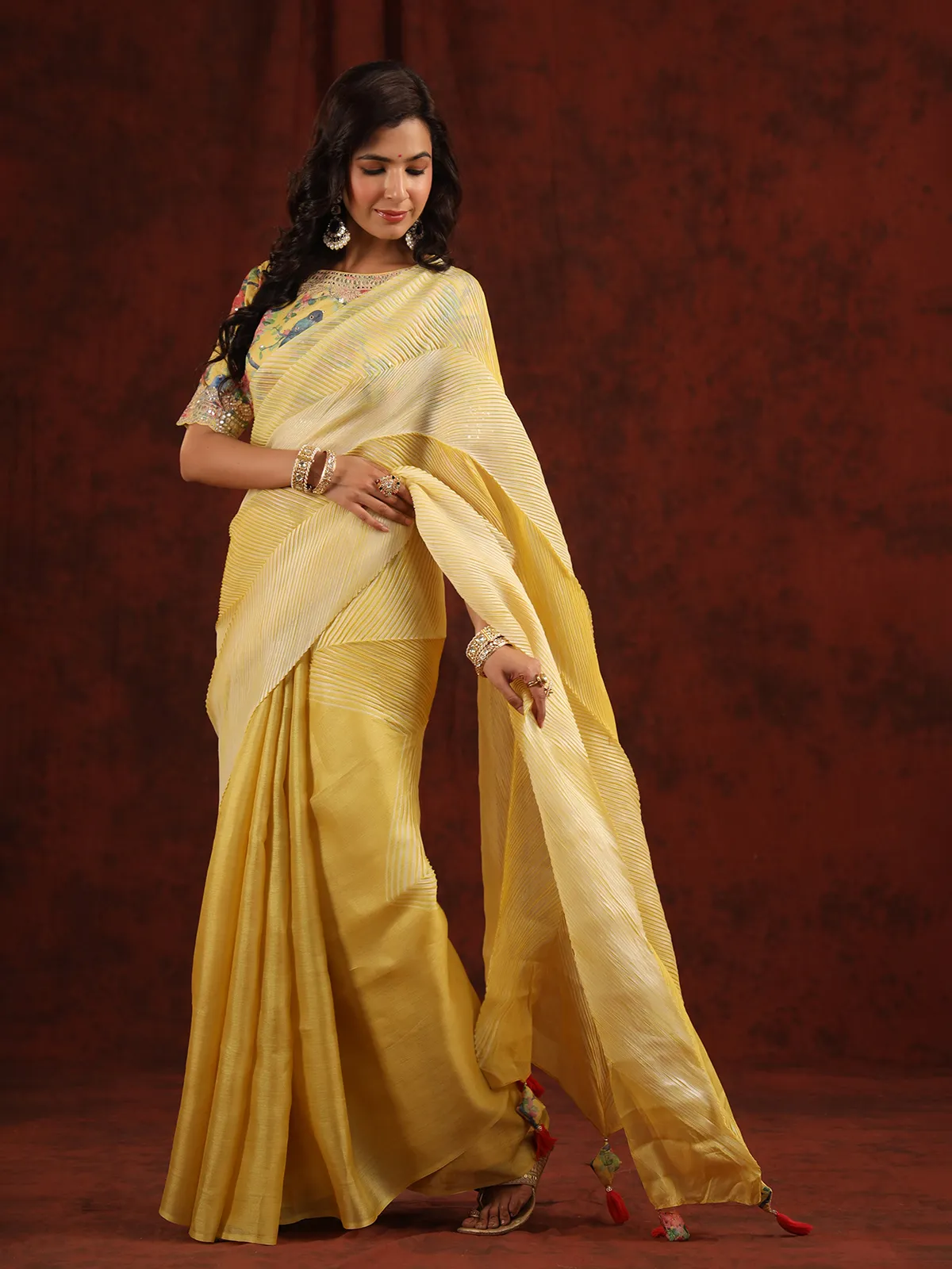 Yellow tussar silk half n half saree